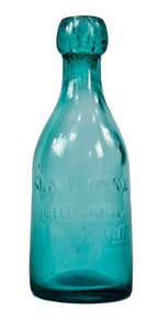 hard to find early 1860's antique american green aqua colored glass "j.a. lomax" privy dug pony bottle with crude applied blob top and smooth base