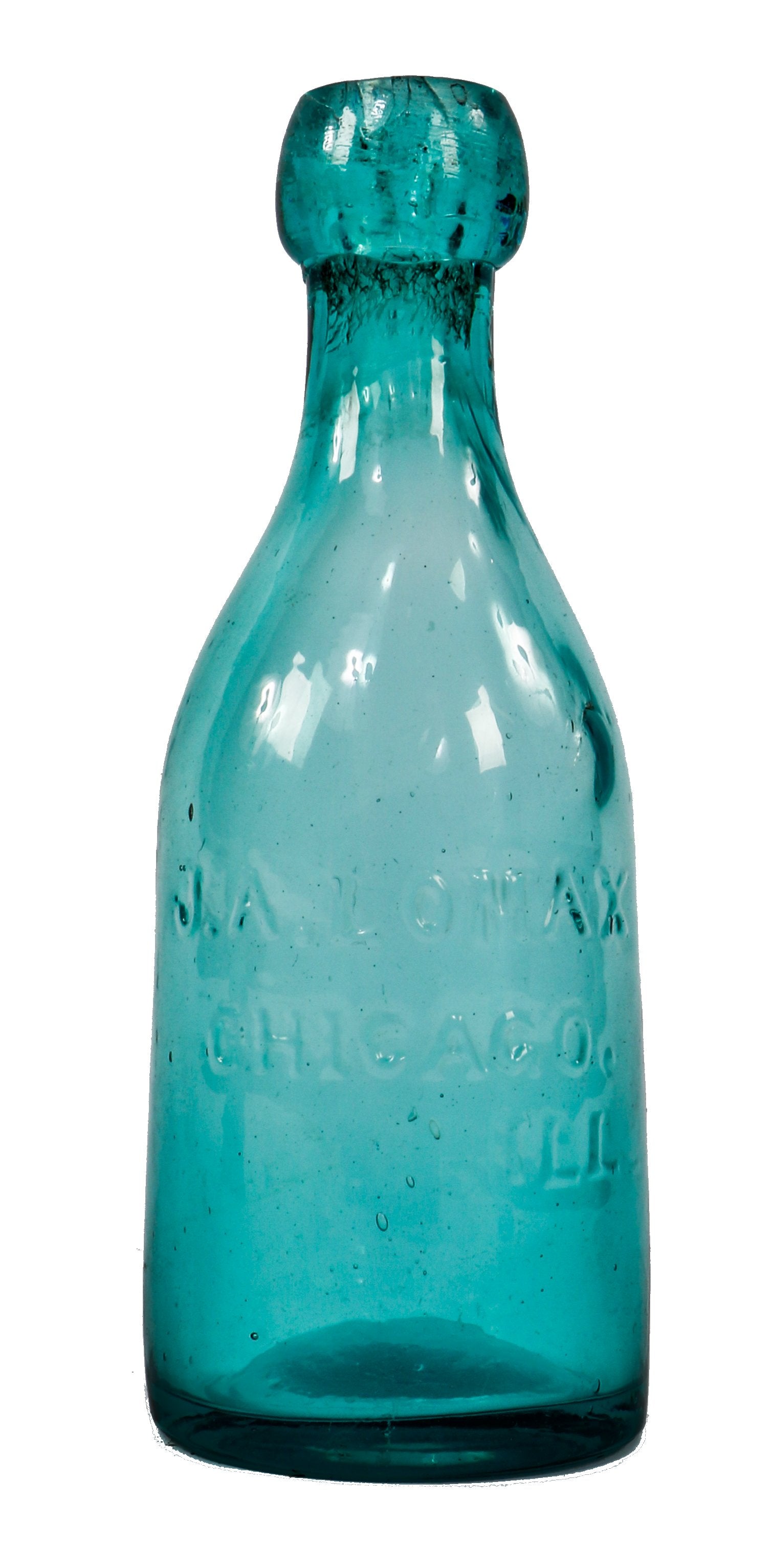 hard to find early 1860's antique american green aqua colored glass "j.a. lomax" privy dug pony bottle with crude applied blob top and smooth base