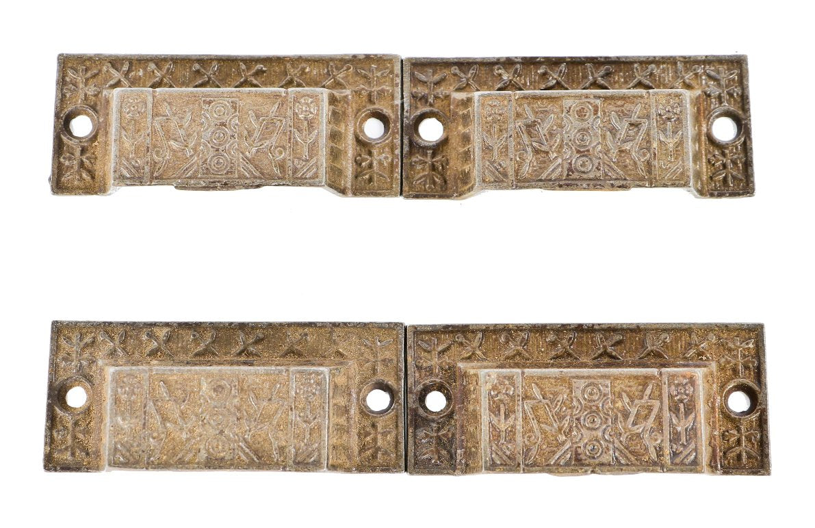 19th century antique american all original lot of four ornamental cast iron "windsor" pattern drawer pulls from demolished chicago three-flat