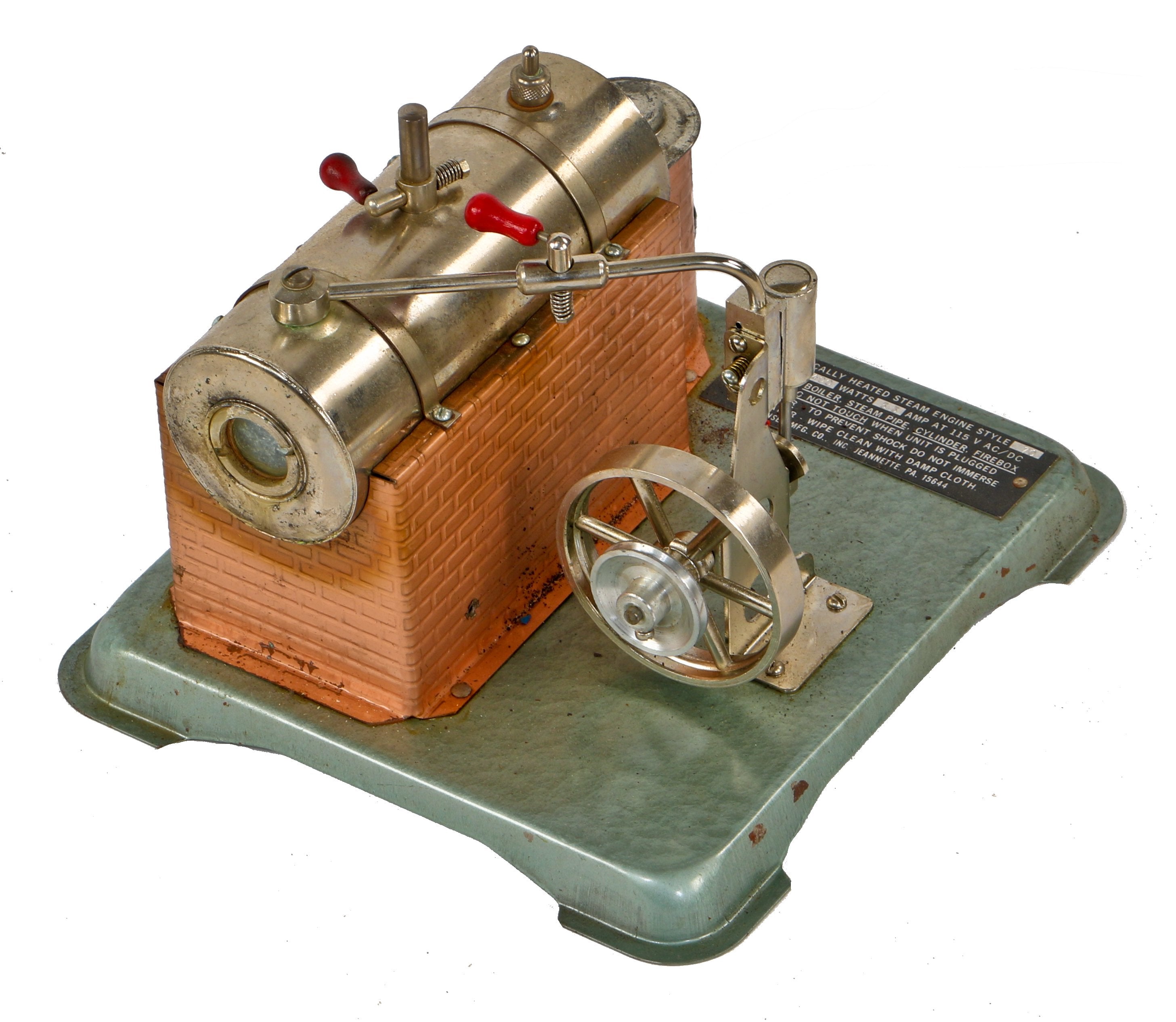 fully functional vintage entirely original american industrial electrically heated steam engine "style 70" display model with pressed and folded baked-on enameled stand and intact cord and plug