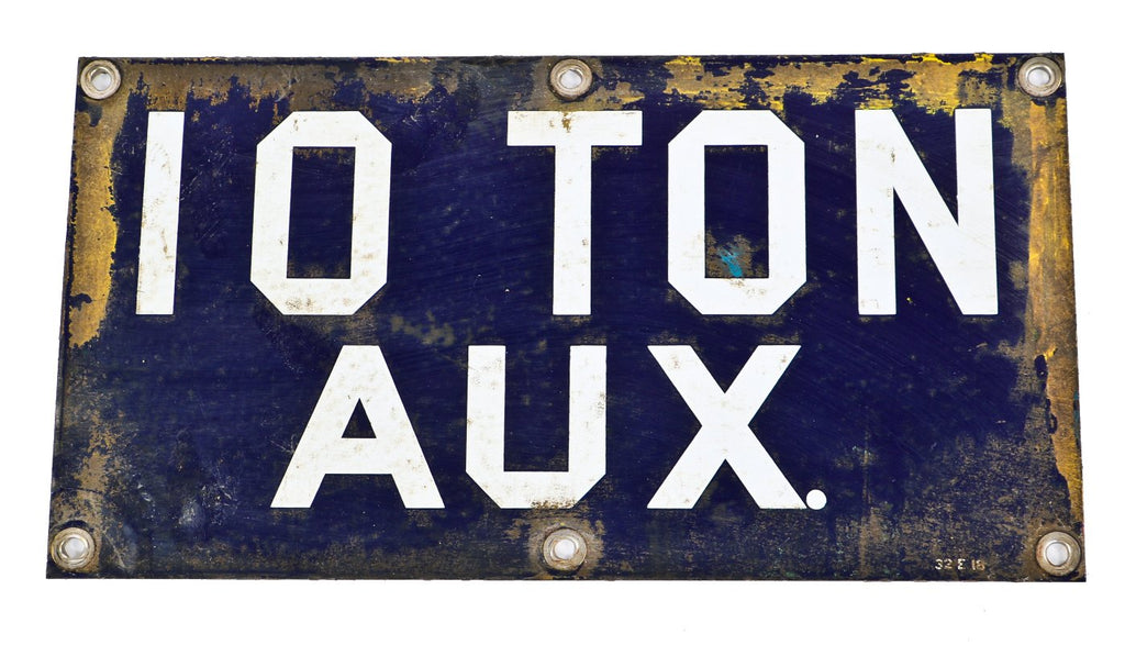 original late 1920's antique american single-sided heavy gauge steel cobalt blue "10 ton aux" gantry crane auxiliary informational hoist bridge sign