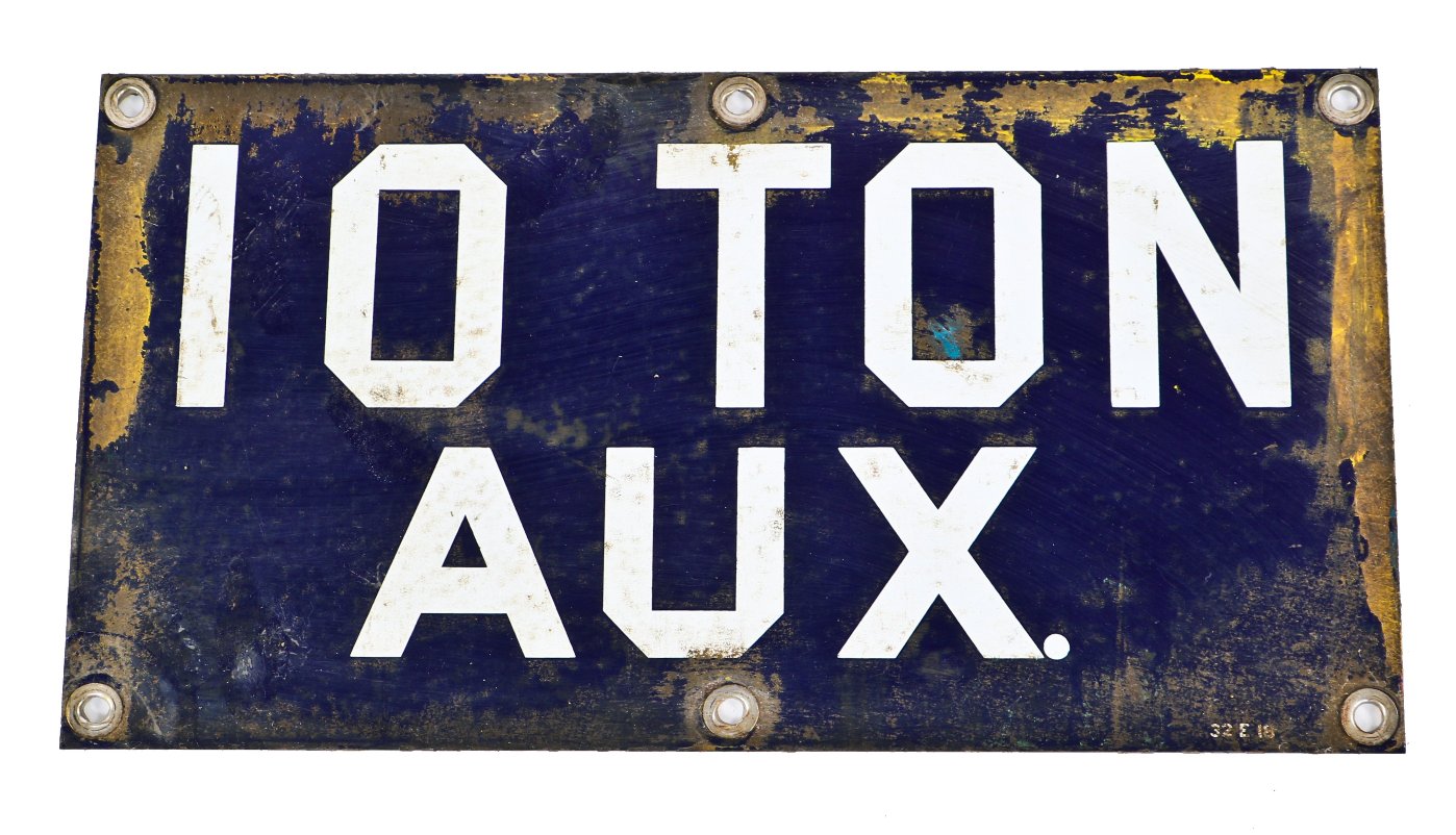 original late 1920's antique american single-sided heavy gauge steel cobalt blue "10 ton aux" gantry crane auxiliary informational hoist bridge sign