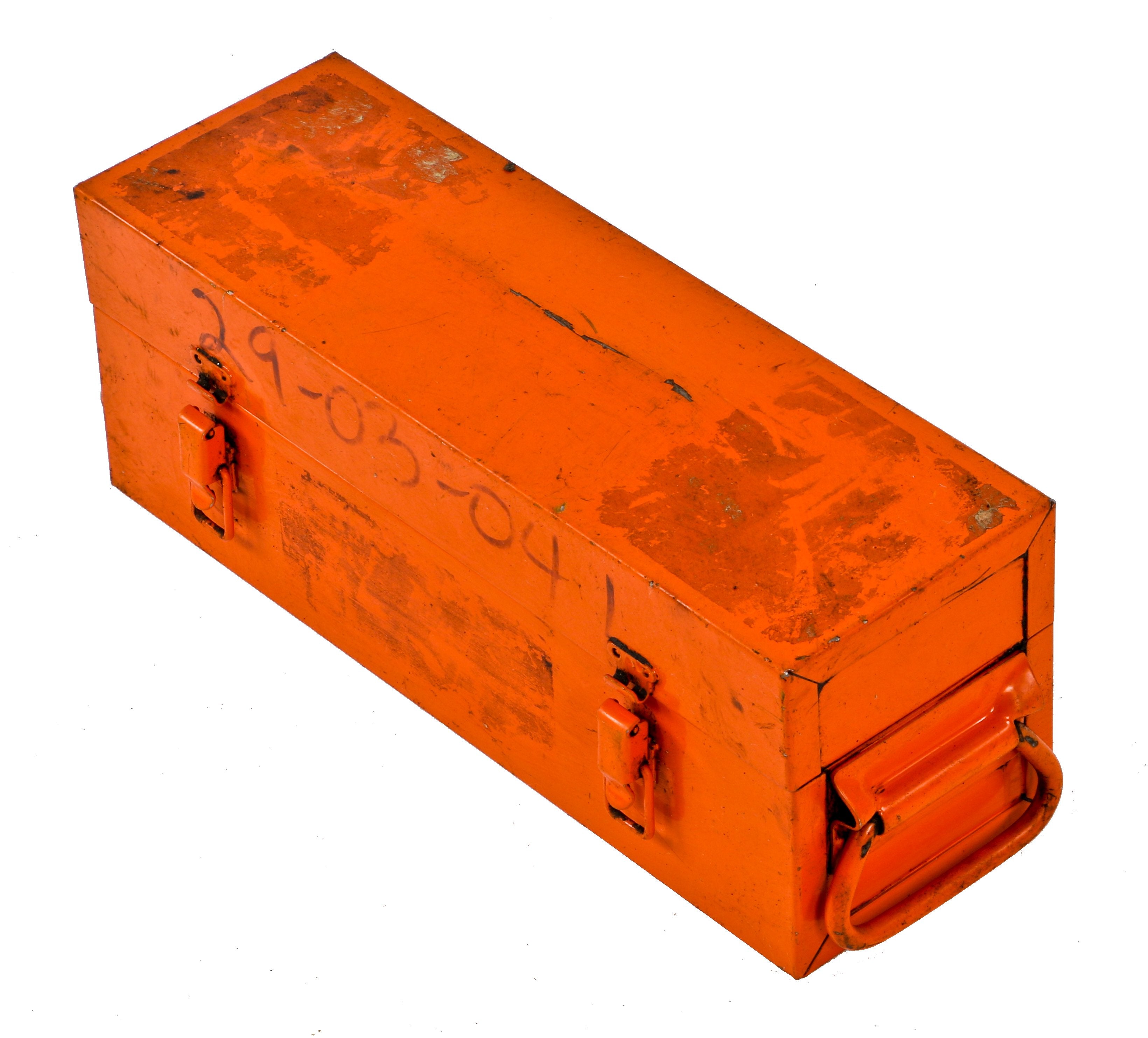 original vintage american industrial robust a. finkl & sons orange enameled cold-rolled steel single compartment storage box with oversized pressed steel drop handles