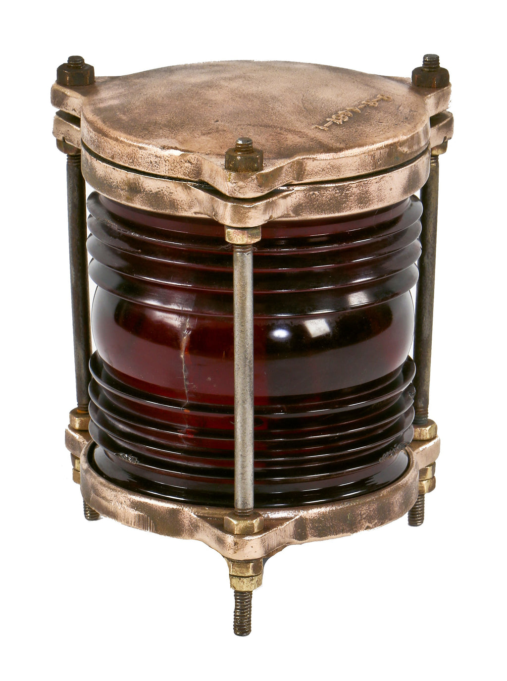 refinished original c. 1930's american antique industrial cast bronze crouse-hinds bridge warning light fixture or lamp with ruby red glass fresnel lens intact