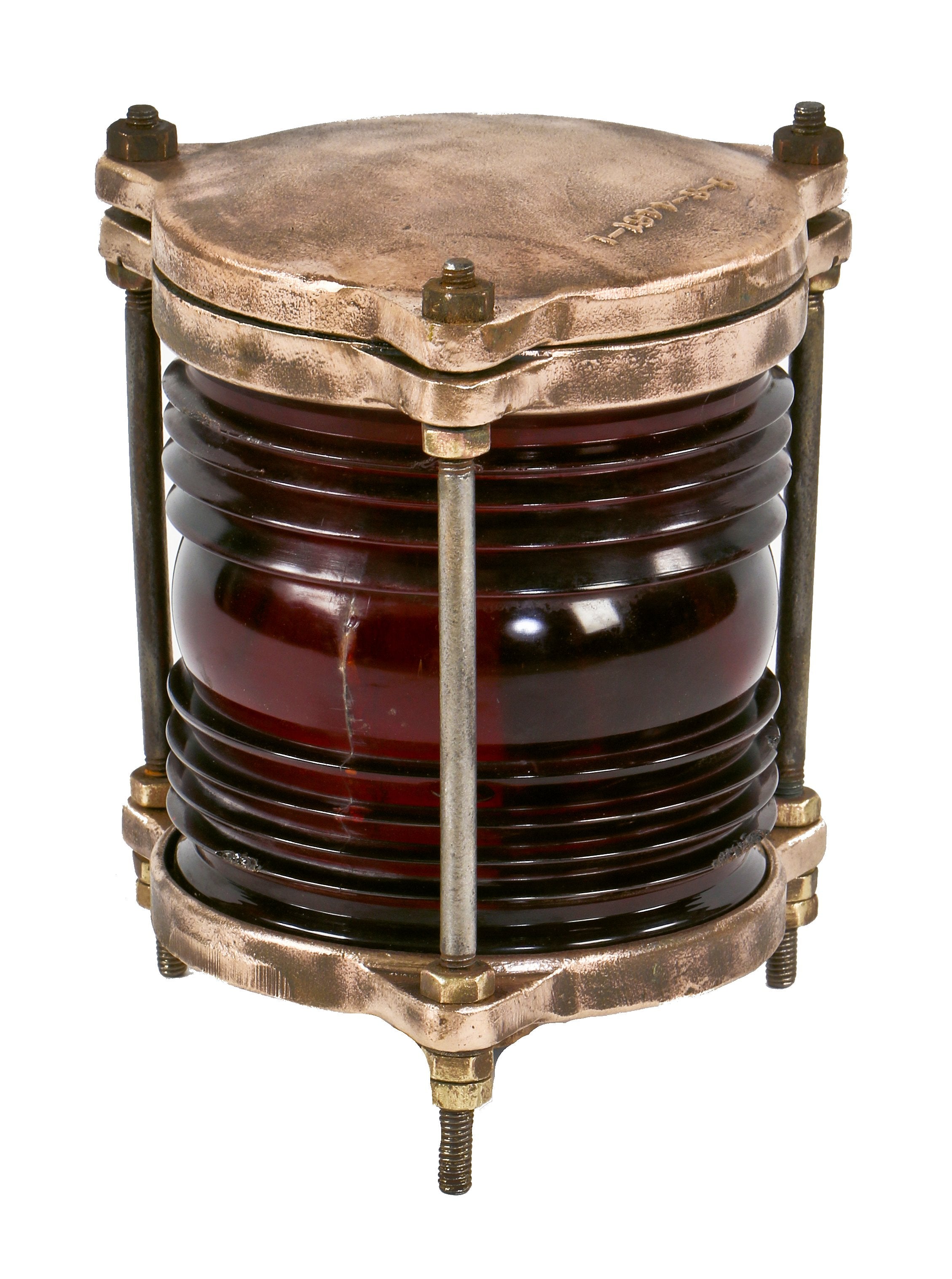 refinished original c. 1930's american antique industrial cast bronze crouse-hinds bridge warning light fixture or lamp with ruby red glass fresnel lens intact