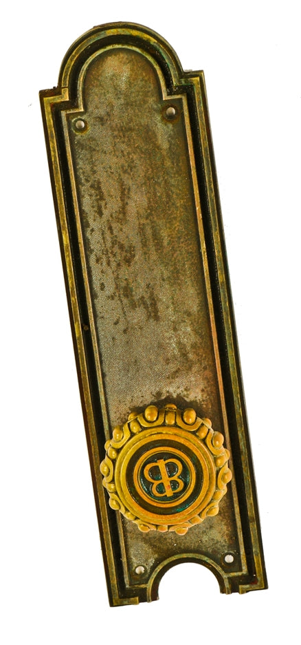 unusual original late 19th or early 20th century antique american new yok city jewelry building monogrammed "bb" doorknob with matching oversized backplate