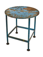 late 1940's robust all-welded joint custom built distressed blue painted solid steel four-legged american industrial foundry table with circular-shaped top