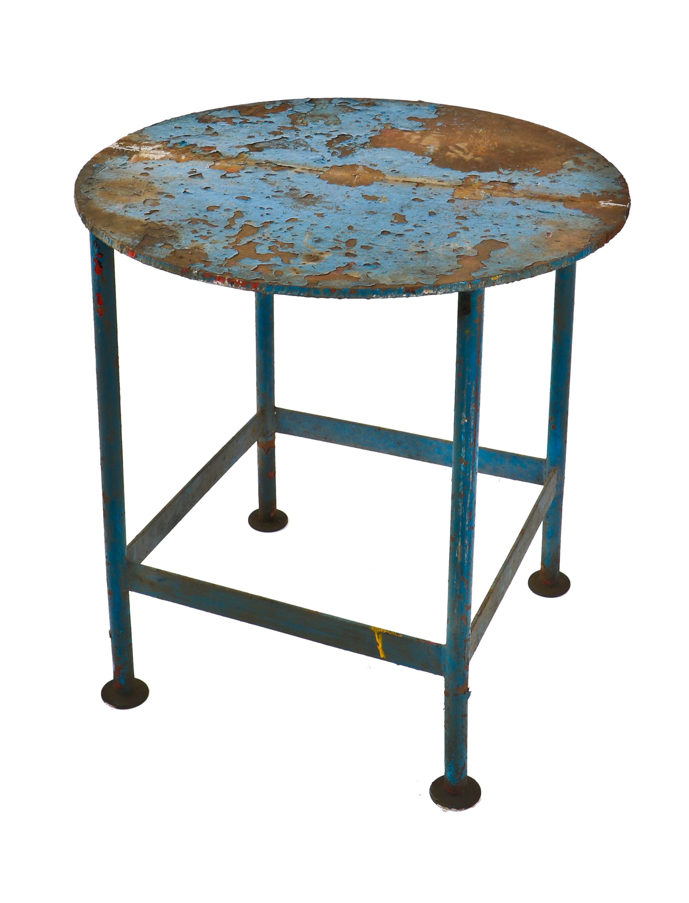 late 1940's robust all-welded joint custom built distressed blue painted solid steel four-legged american industrial foundry table with circular-shaped top