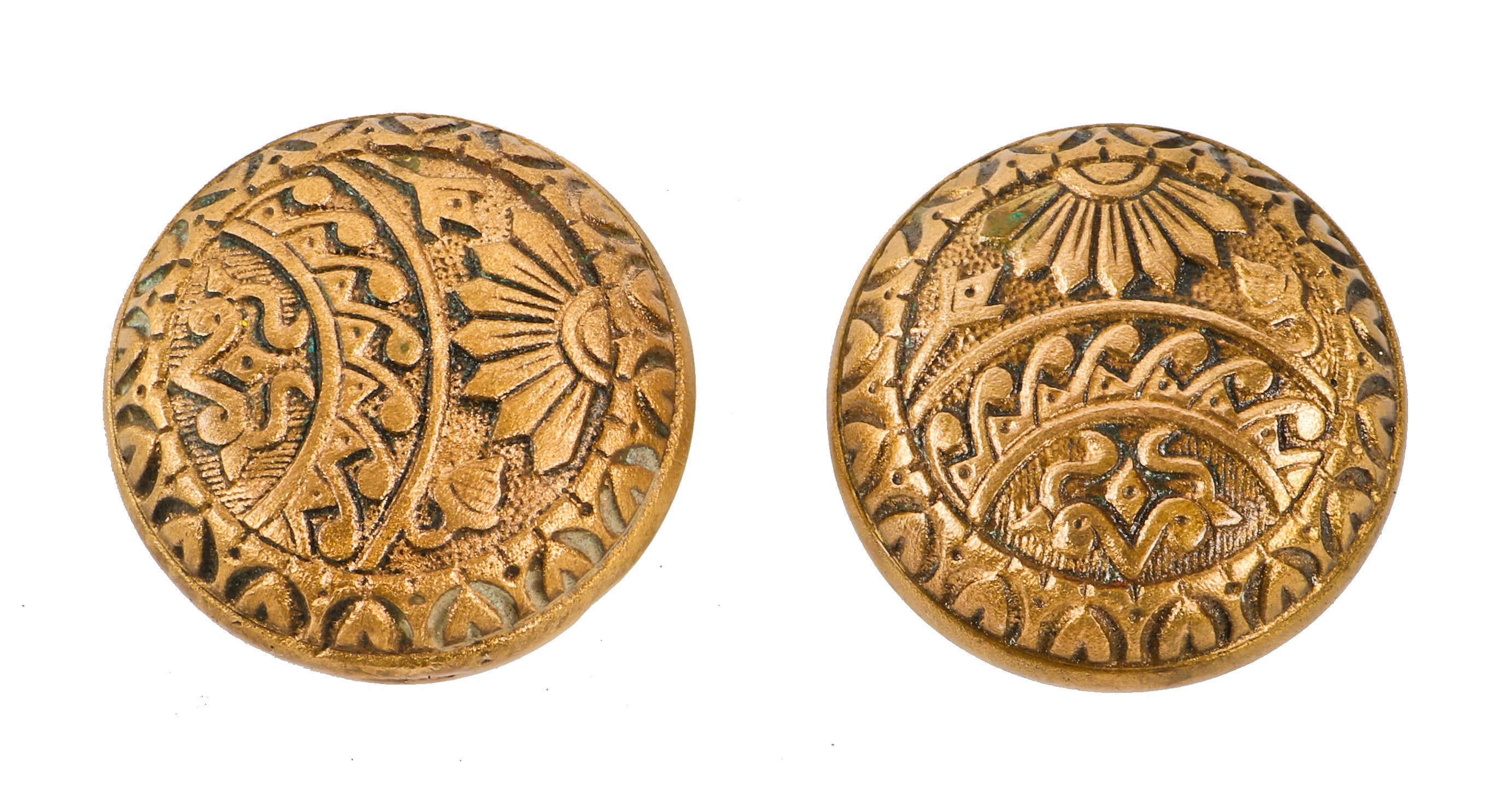 two matching all original and intact ornamental cast brass banded rim eastlake style 19th century interior residential doorknobs with nicely aged patina