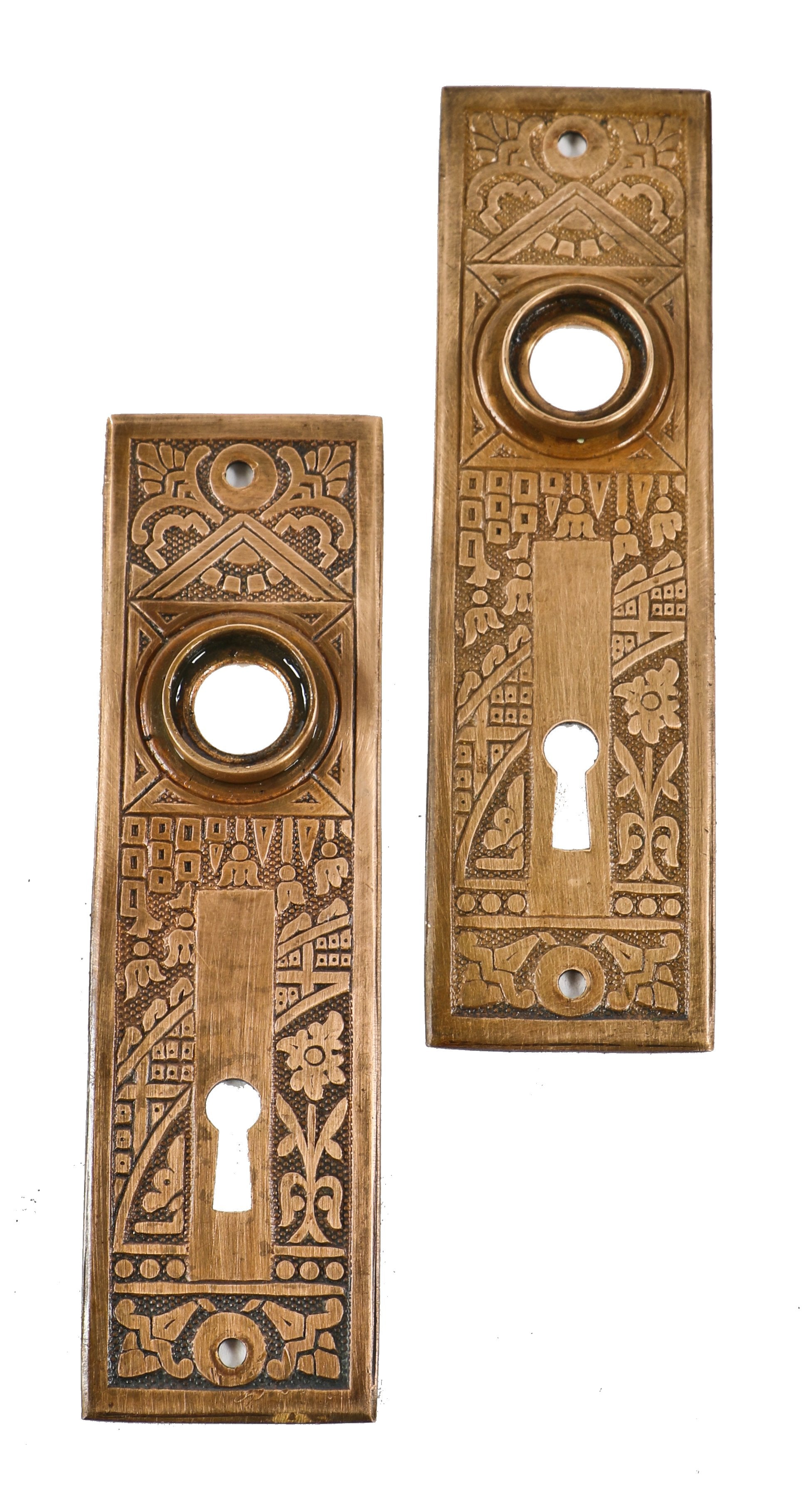 nicely aged all original and intact antique american "ceylon" pattern interior residential passage door backplates comprised of wrought brass metal