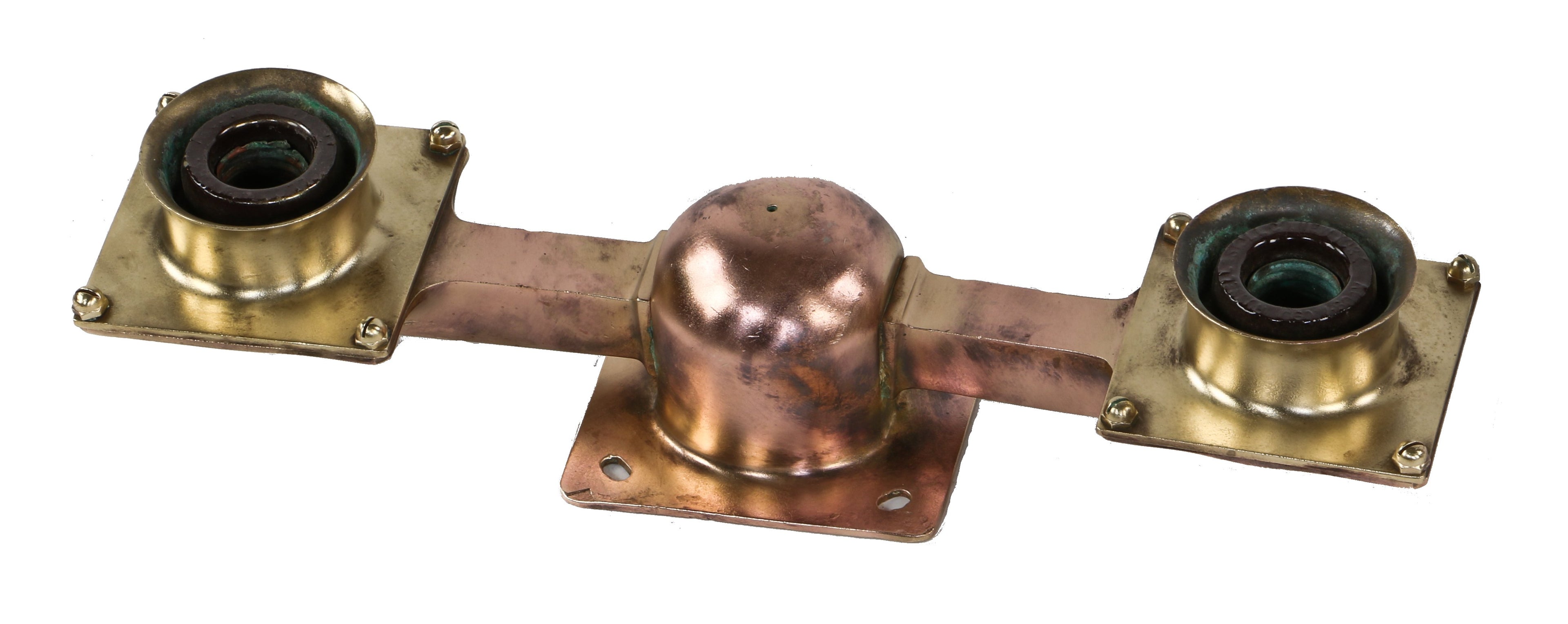 sought after original  early 20th century antique american industrial cast bronze new york city subway double light station fixture with original glazed ceramic sockets