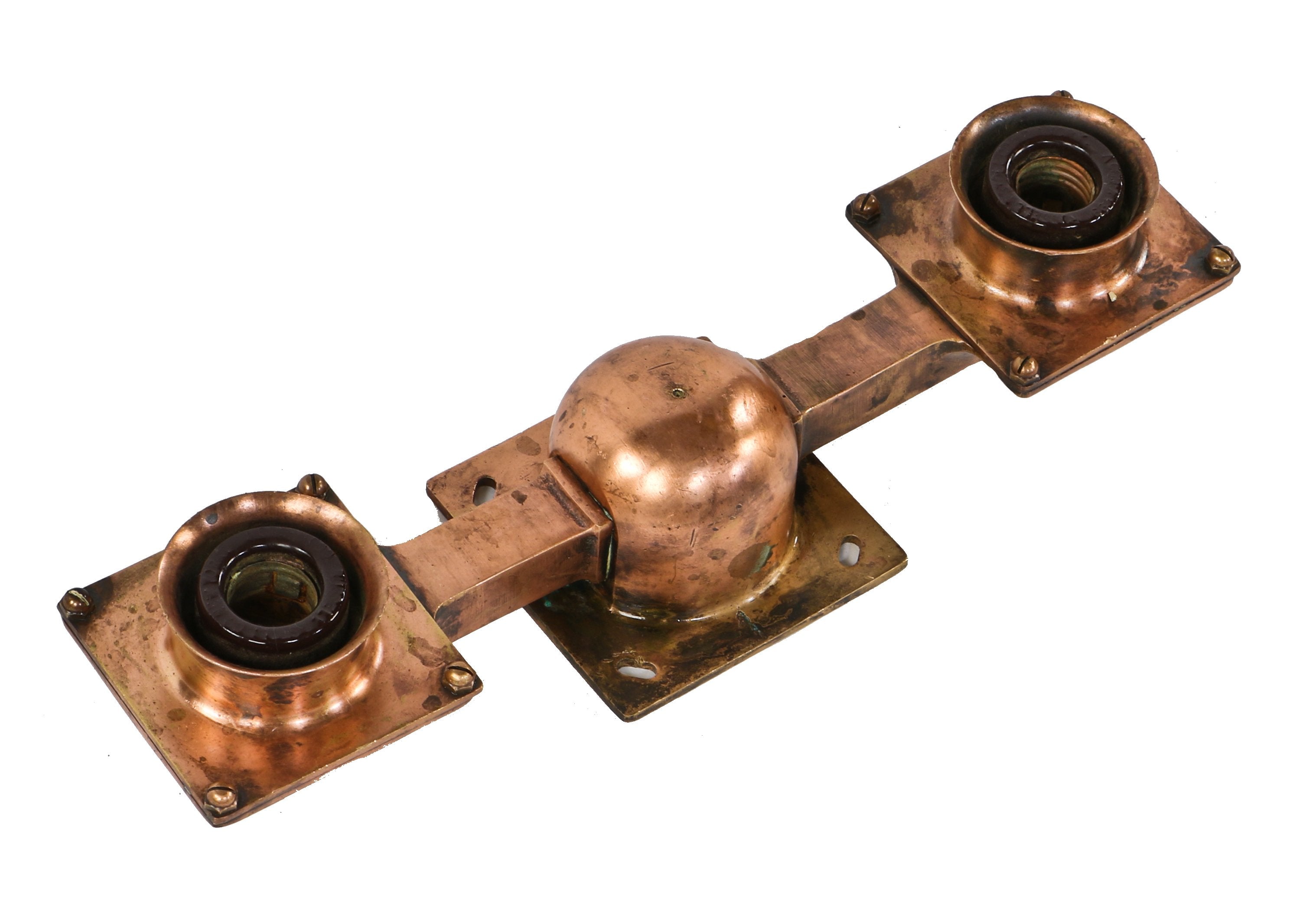 rare all original early 20th antique american industrial double bare bulb new york city subway station pendant or ceiling flush mount bronze metal light fixture