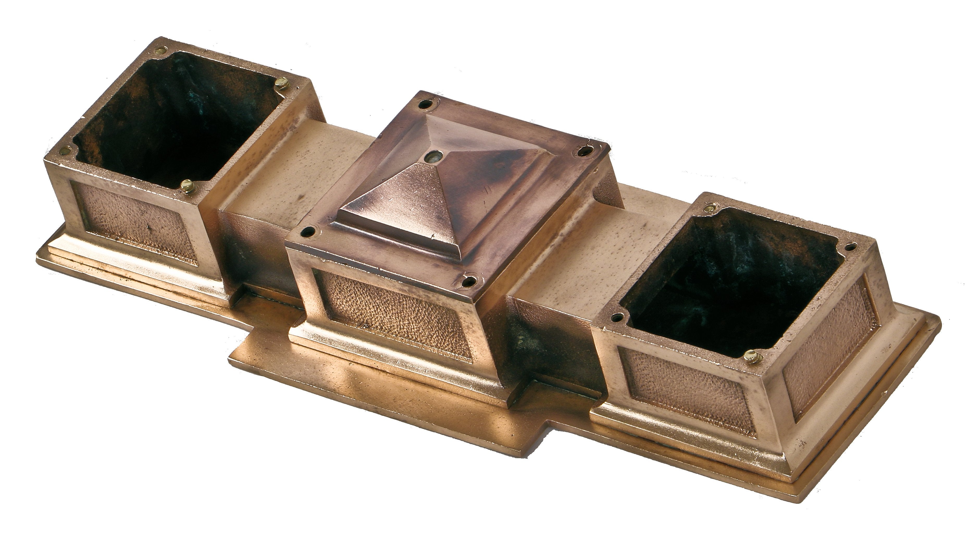 rare and highly sought after early 20th century multi-faceted antique american new york city subway station cast bronze ceiling mount double light pendant with mostly uniform surface finish