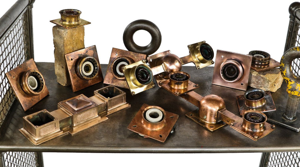 rare early 20th century antique american industrial cast bronze new york city subway double light station fixture with original glazed ceramic sockets