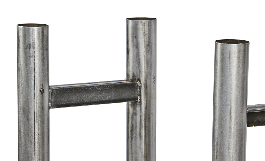 two matching original massive vintage american industrial refinished steel upright tubular steel stands or bases with brushed metal finish sealed with a clear coat lacquer