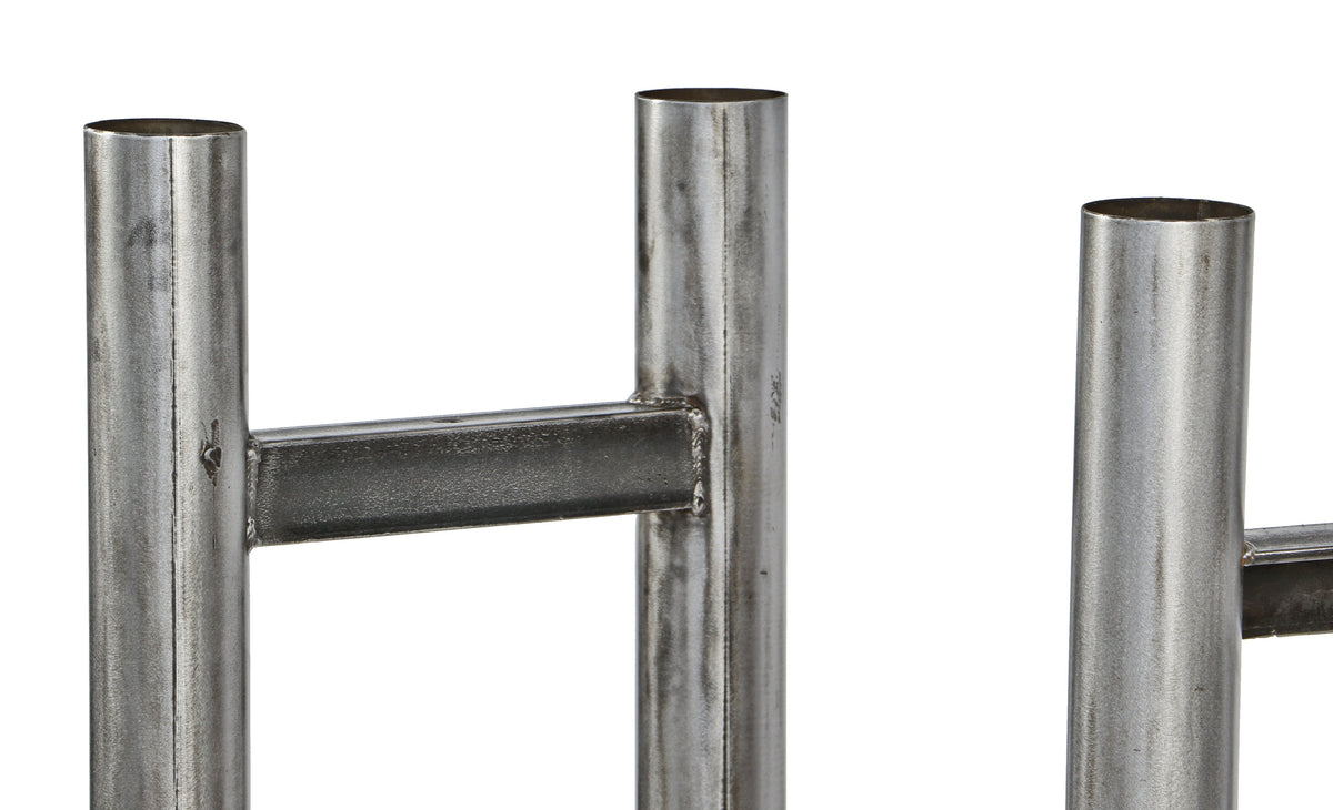 two matching original massive vintage american industrial refinished steel upright tubular steel stands or bases with brushed metal finish sealed with a clear coat lacquer