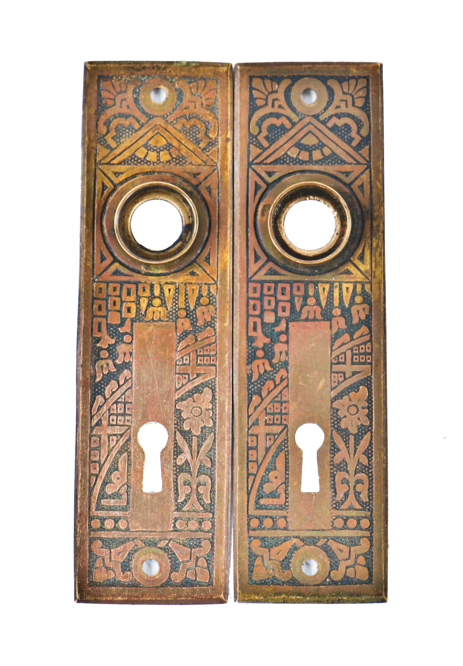 c. 1880's antique american ornamental wrought or stamped brass interior residential passage door chicago three-flat salvaged "ceylon" pattern backplates
