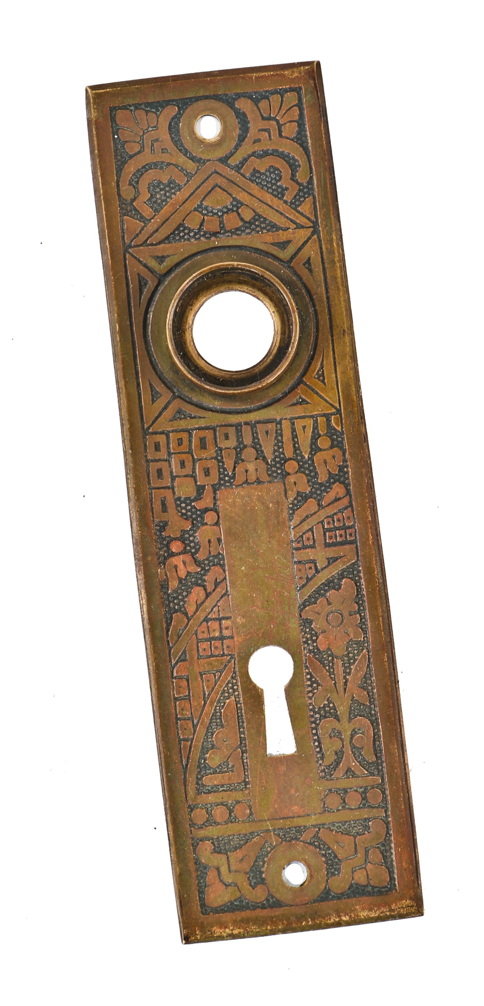 19th century all original and intact interior residential ornamental wrought brass "ceylon" pattern doorknob backplate with nicely aged surface patina