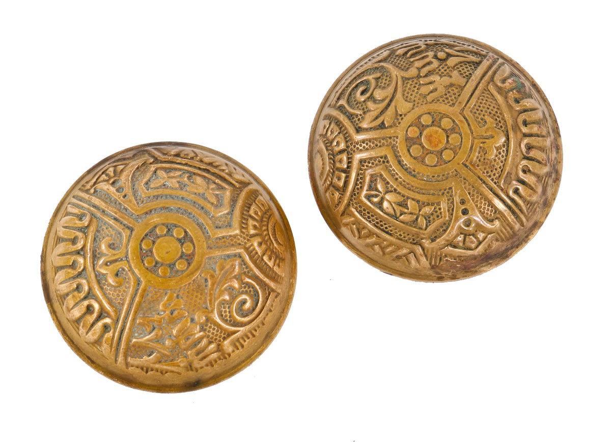 matching set of original antique american ornamental wrought brass eastlake style "ceylon" pattern dome-shaped doorknobs with banded rims