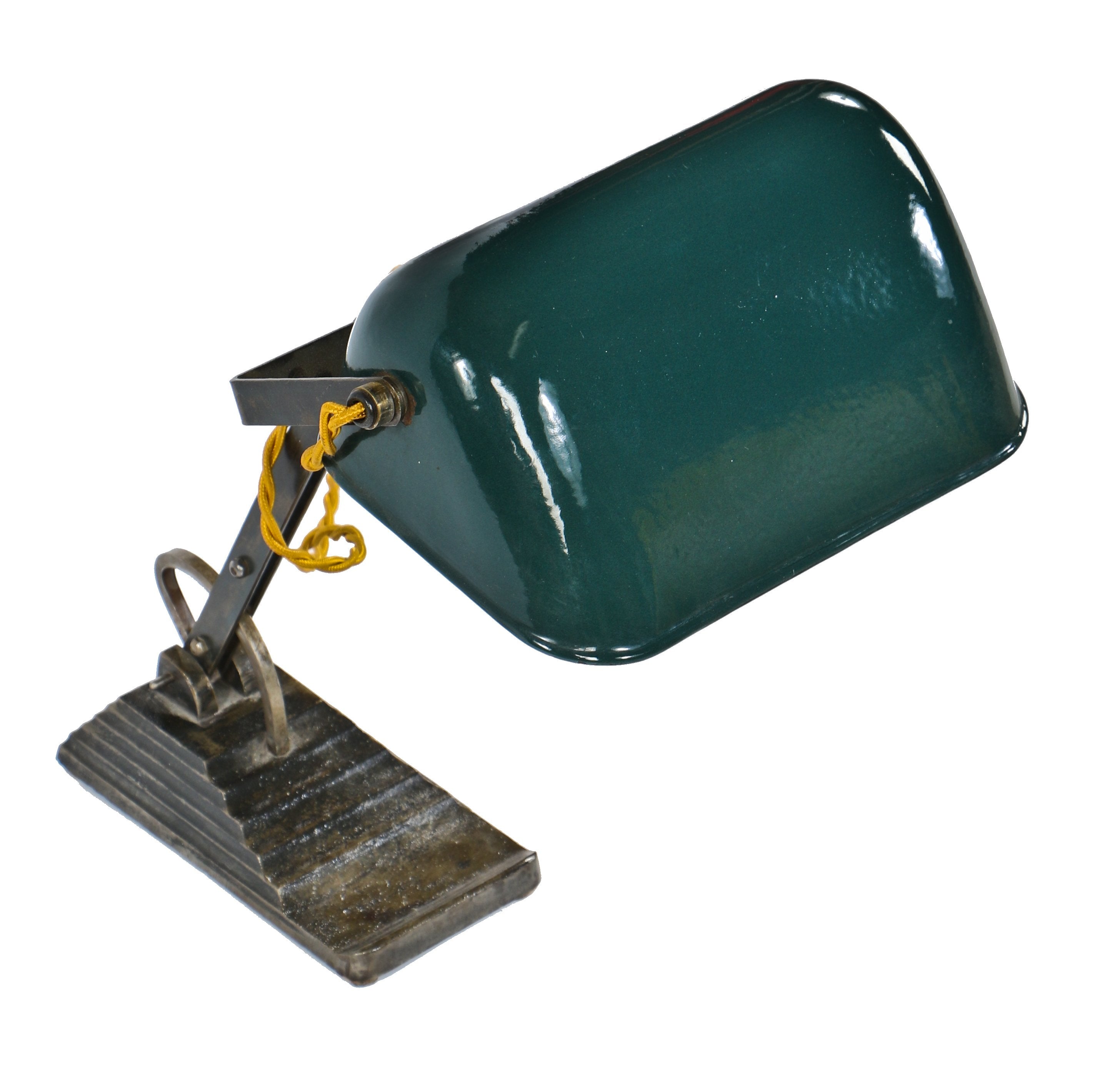 refinished cast iron antique american industrial c. 1920's green porcelain enameled "emeralite-esque" adjustable table or desk lamp rewired with rayon cloth cord