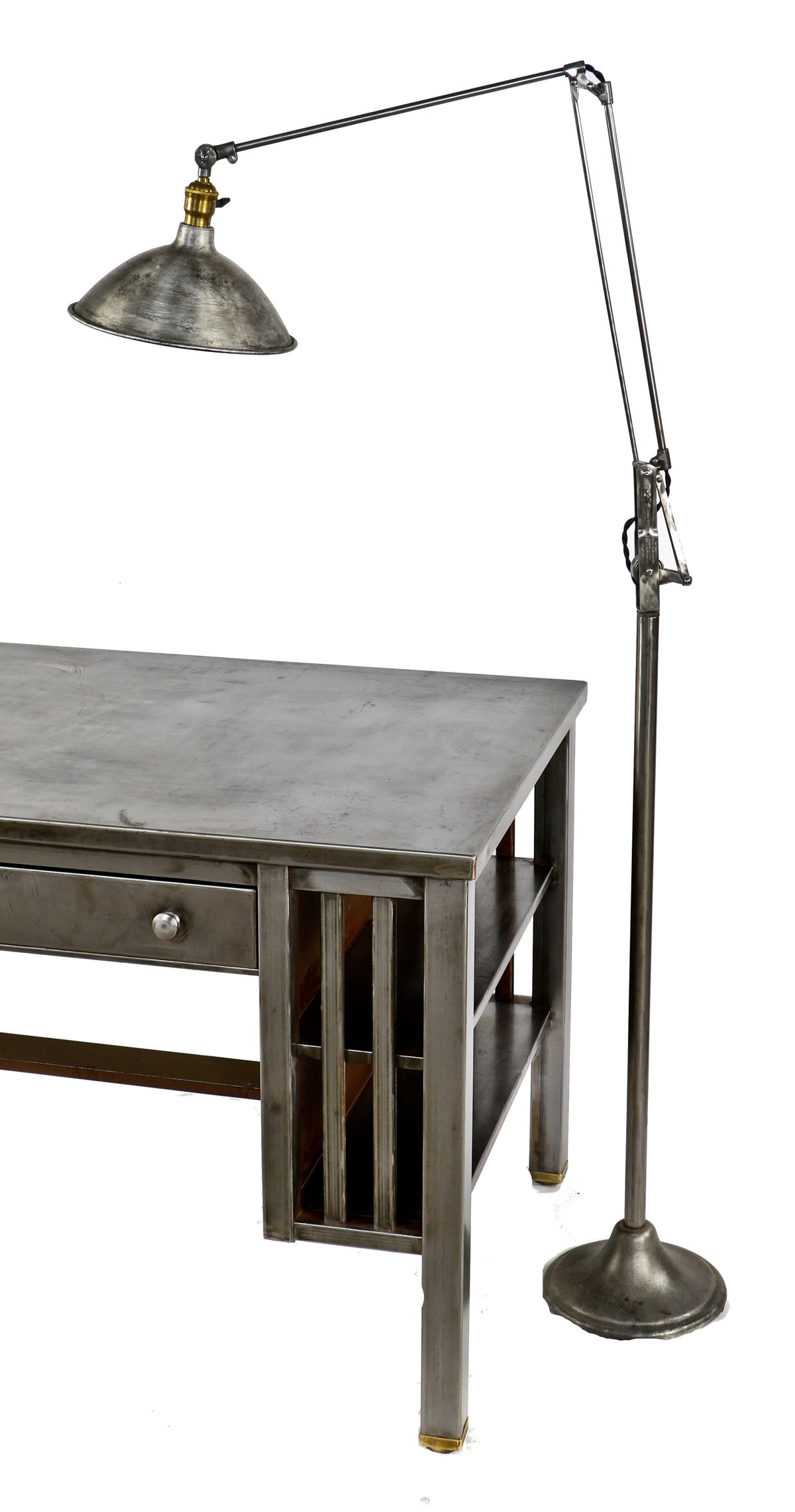 original late 1930's american antique industrial early dazor spring-loaded patented "floating arm" floor lamp with oversized brushed aluminum reflector