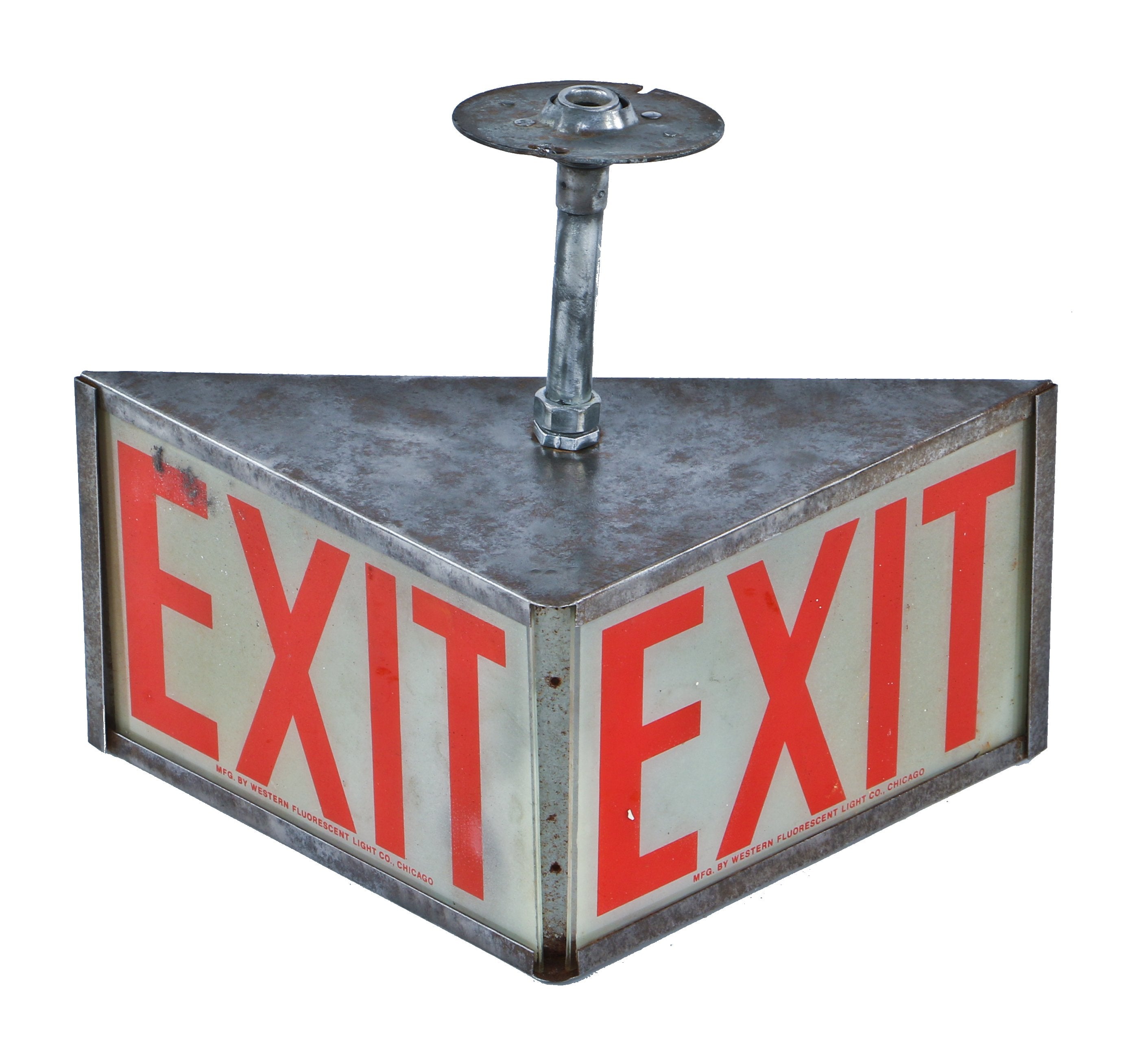 refinished c. 1940's double-sided wedge-shaped american industrial cold-rolled steel chicago lighting company factory illuminated exit pendant light fixture
