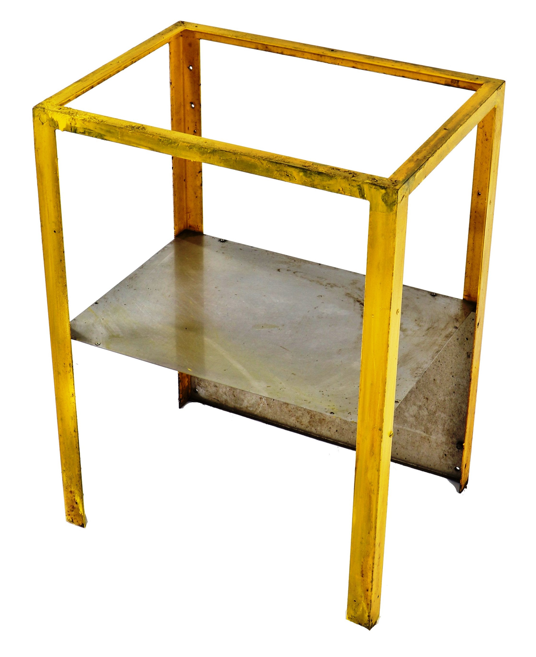 brightly colored c. 1940's american industrial four-legged stationary welded joint work table or station with a largely intact yellow enameled finish