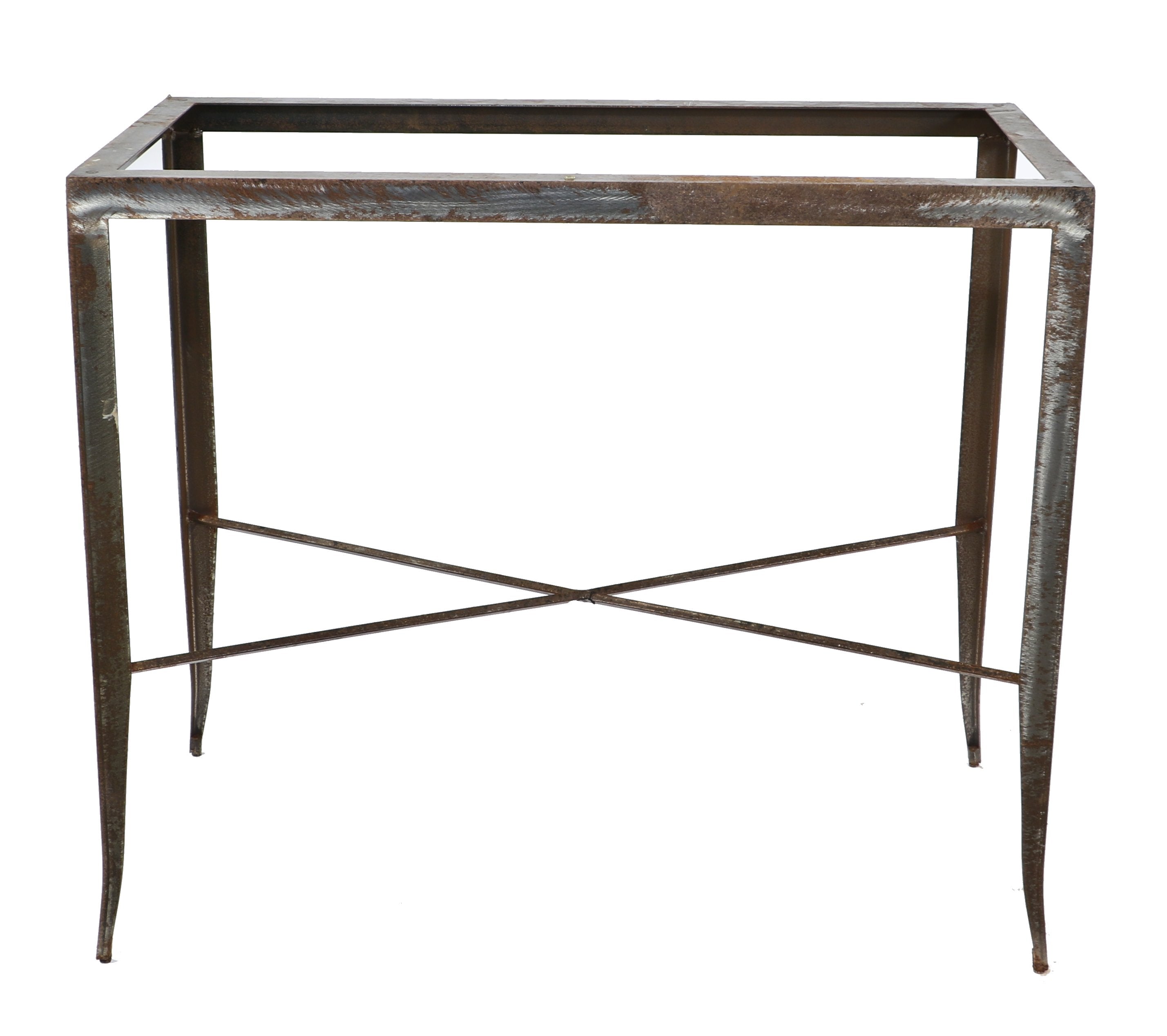 oversized vintage american industrial all-welded joint angled steel freestanding lightweight workstation or table frame reinforced with stretcher rods