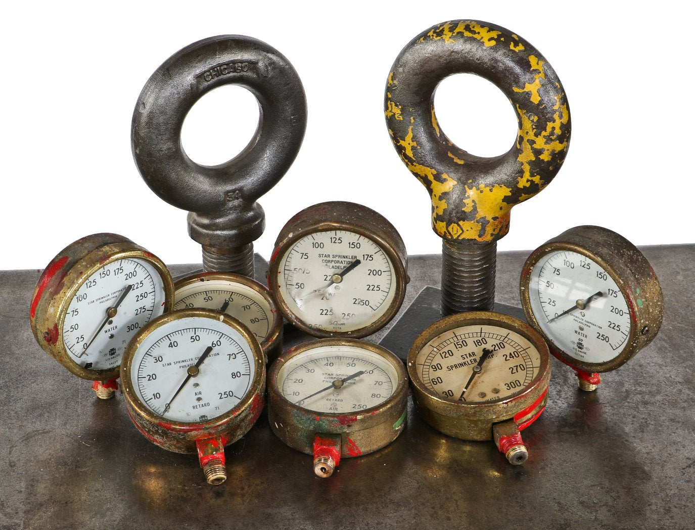 large lot of vintage american industrial factory basement fire sprinkler system pressure or air gauges with brass bezels and clear glass coverplates