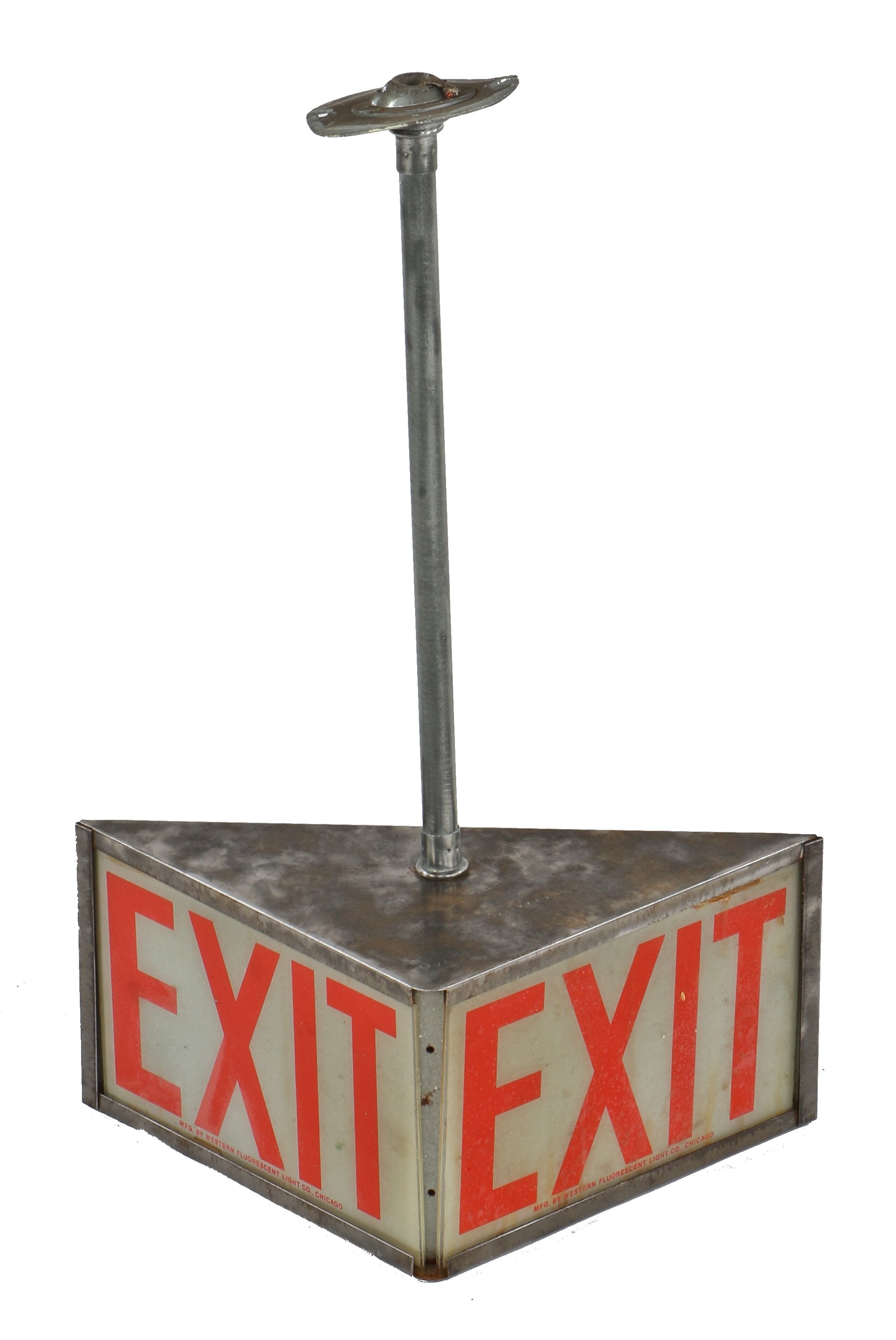 one of two matching c. 1940's american vintage industrial double-sided illuminated factory building exit pendant light fixture with reverse-painted glass insets