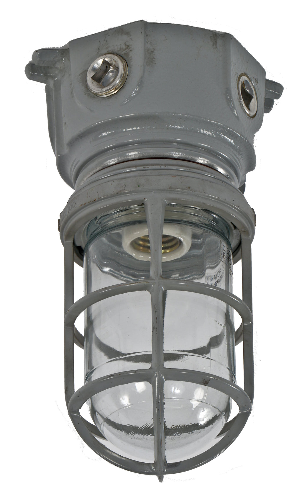 single vintage american industrial a. finkl & sons intact and fully functional "explosion proof" gunship gray enameled elevator cab or car pendant light with cage