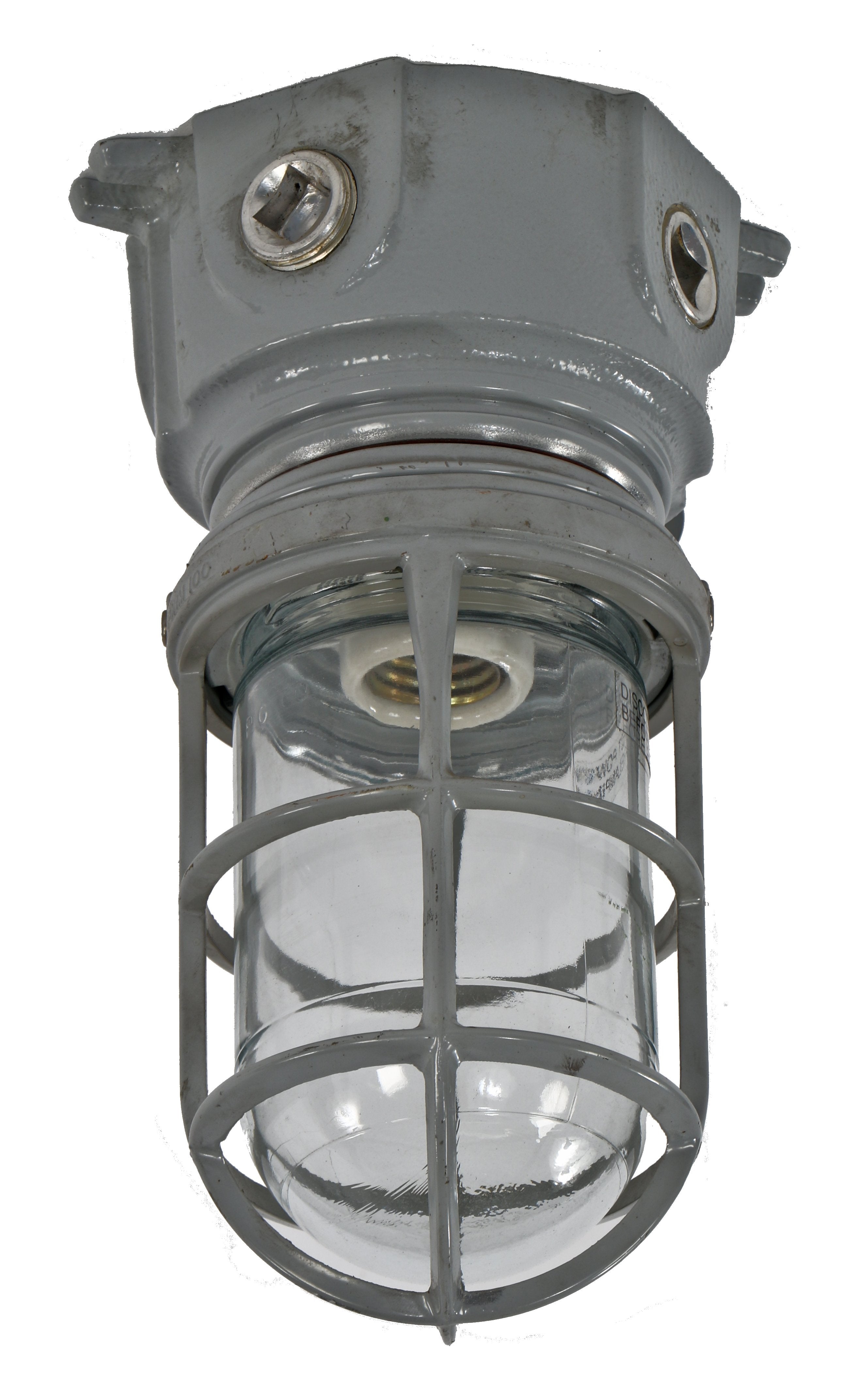 single vintage american industrial a. finkl & sons intact and fully functional "explosion proof" gunship gray enameled elevator cab or car pendant light with cage