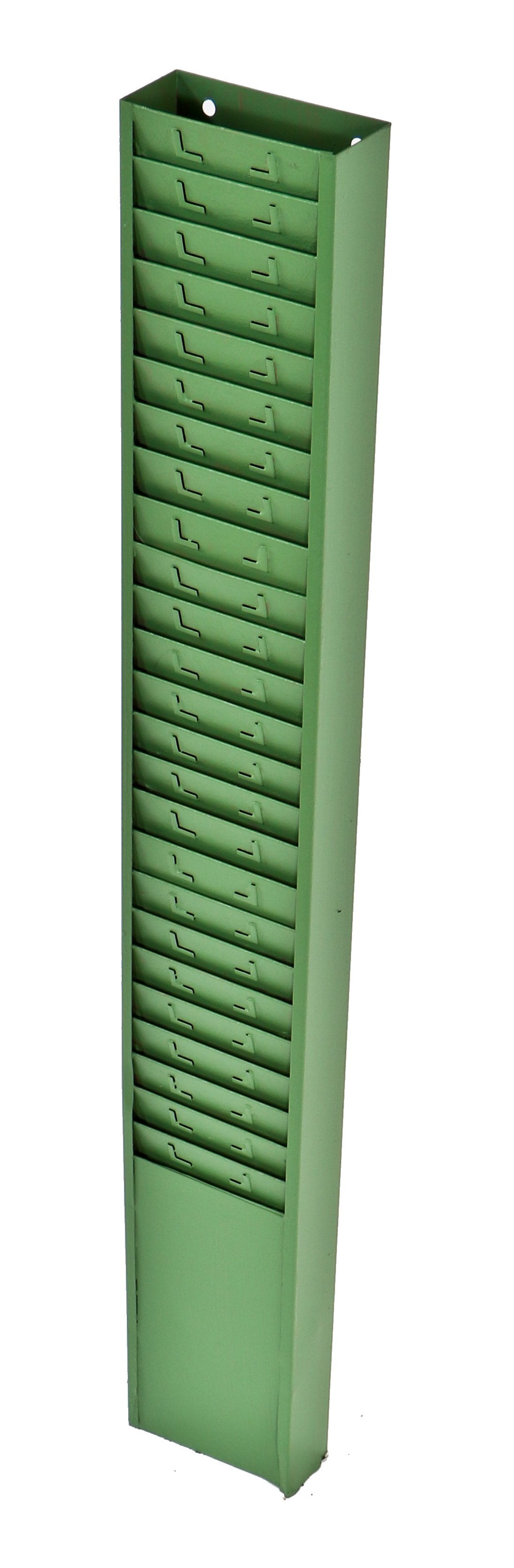 single vintage american industrial wall-mount "factory green" enameled pressed and folded steel factory punch in and out time card slotted rack