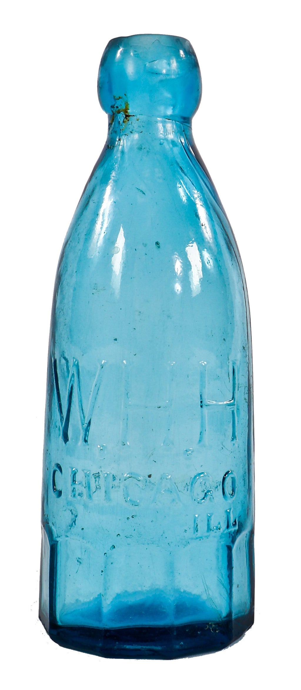 early 1860's antique american single chicago privy dug cobalt blue glass "blob top" mug style william h. hutchinson soda or mineral water bottle