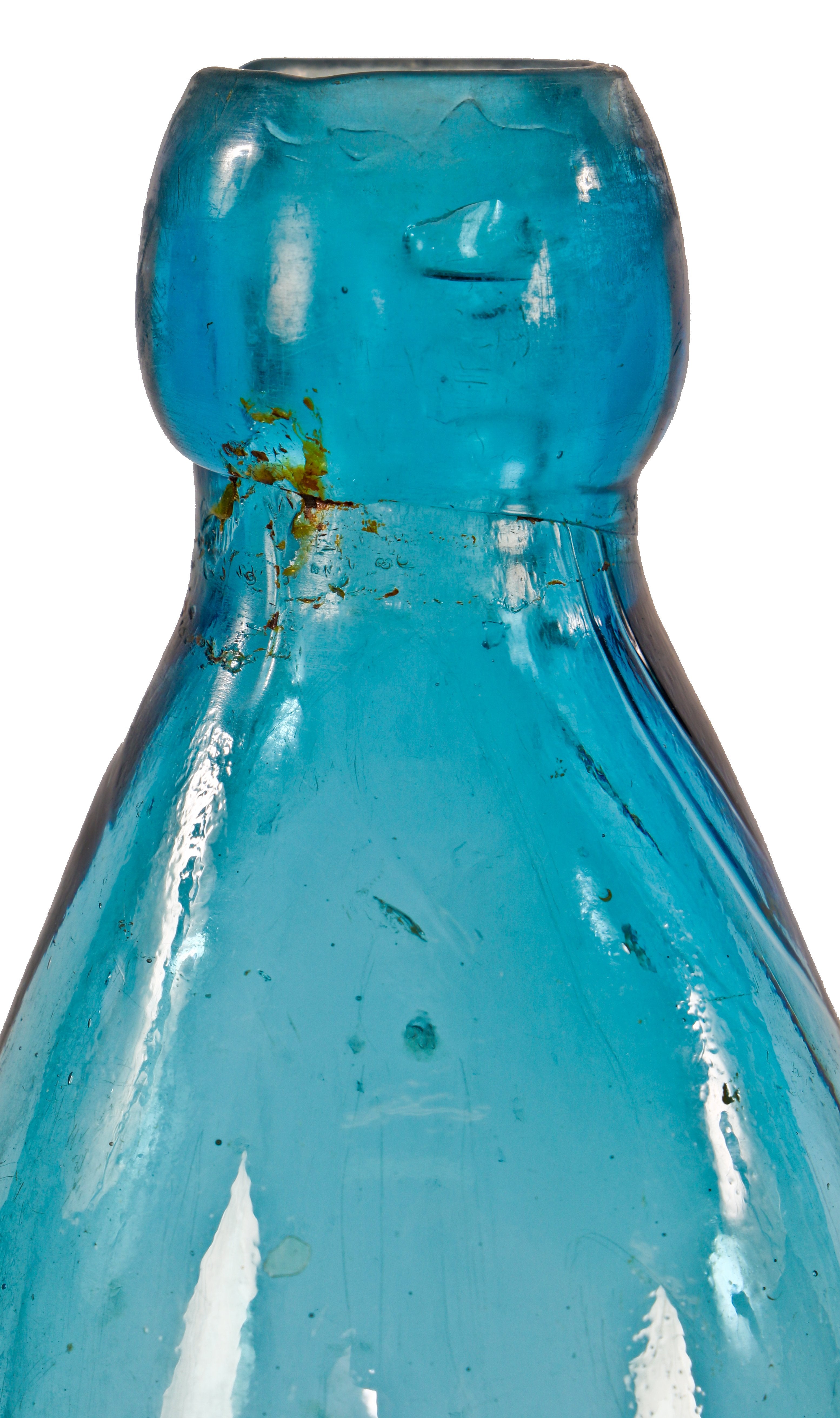 early 1860's antique american single chicago privy dug cobalt blue glass "blob top" mug style william h. hutchinson soda or mineral water bottle