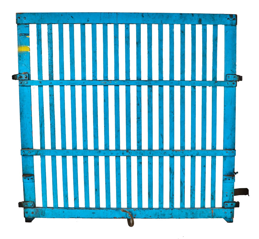 c. 1910-12 original antique american industrial blue-painted oversized a. finkl & sons foundry building sliding elevator safety oak wood slat or gate with original hardware