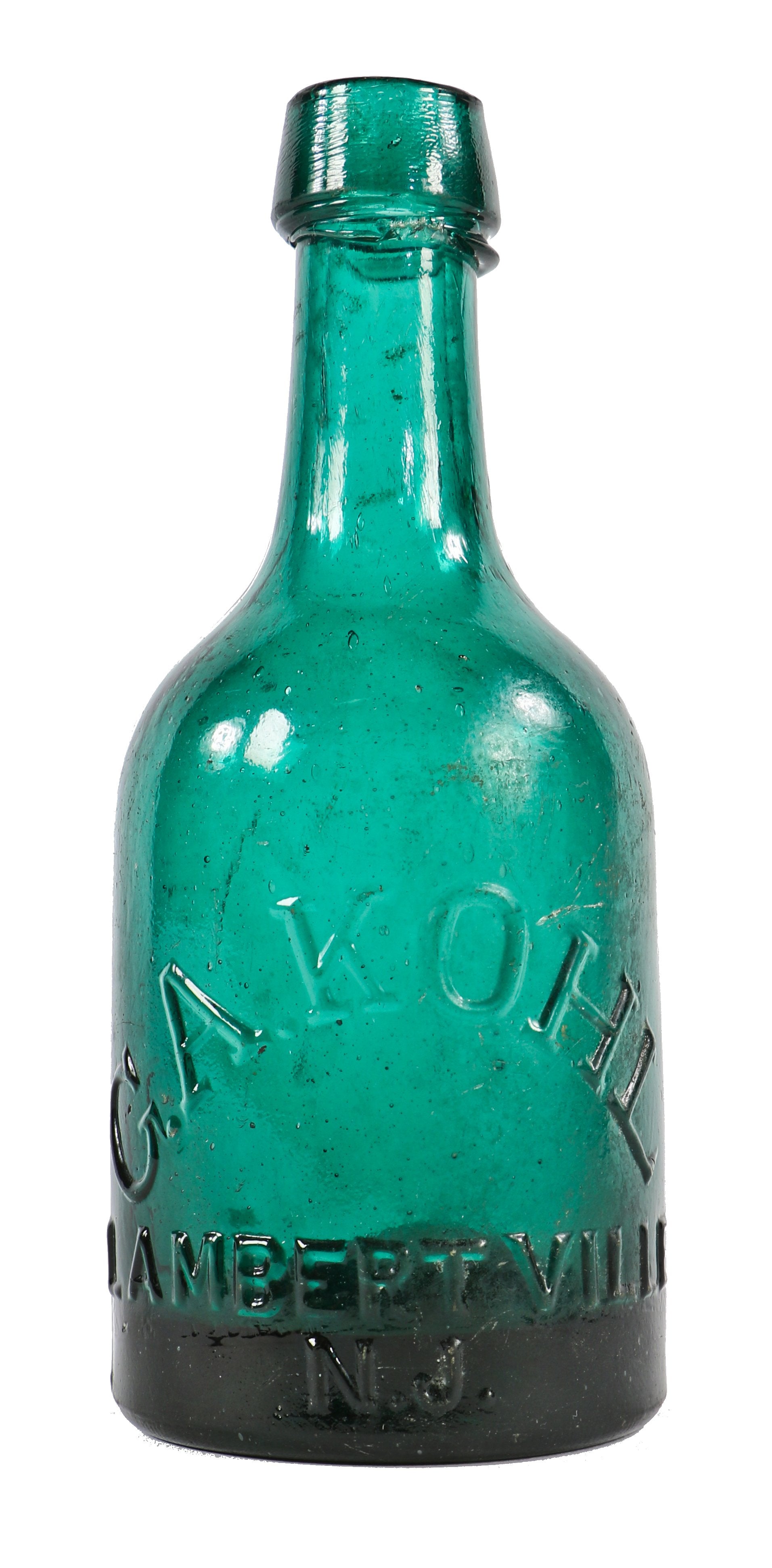 very crude original early 1850's largely intact antique american emerald green glass porter shaped bottle manufactured for george kohl in lambertville, new jersey.