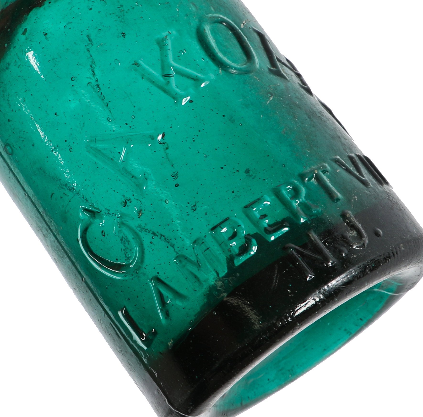 very crude original early 1850's largely intact antique american emerald green glass porter shaped bottle manufactured for george kohl in lambertville, new jersey.