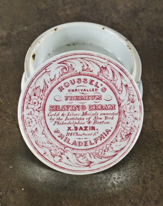 one of two rare and hard to find all original fanciful antebellum period glazed ceramic roussel shaving cream "pot lid" discovered in a philadelphia privy