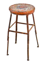 original and nicely worn c. 1923 antique american industrial four-legged welded joint chicago machine and tool works factory machinist stool with old orange paint finish