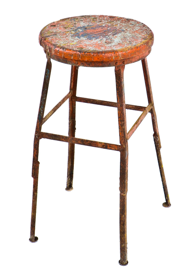 original and nicely worn c. 1923 antique american industrial four-legged welded joint chicago machine and tool works factory machinist stool with old orange paint finish