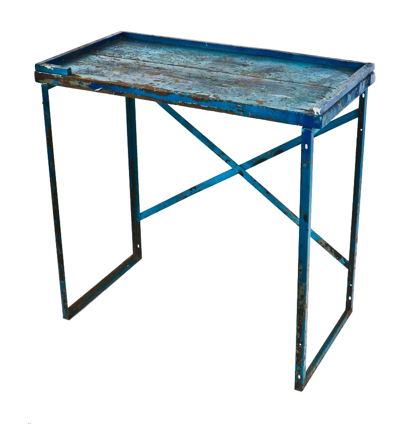 original early 1920's american antique industrial chicago machine and tool works factory machinist workbench or table with nicely aged blue paint finish