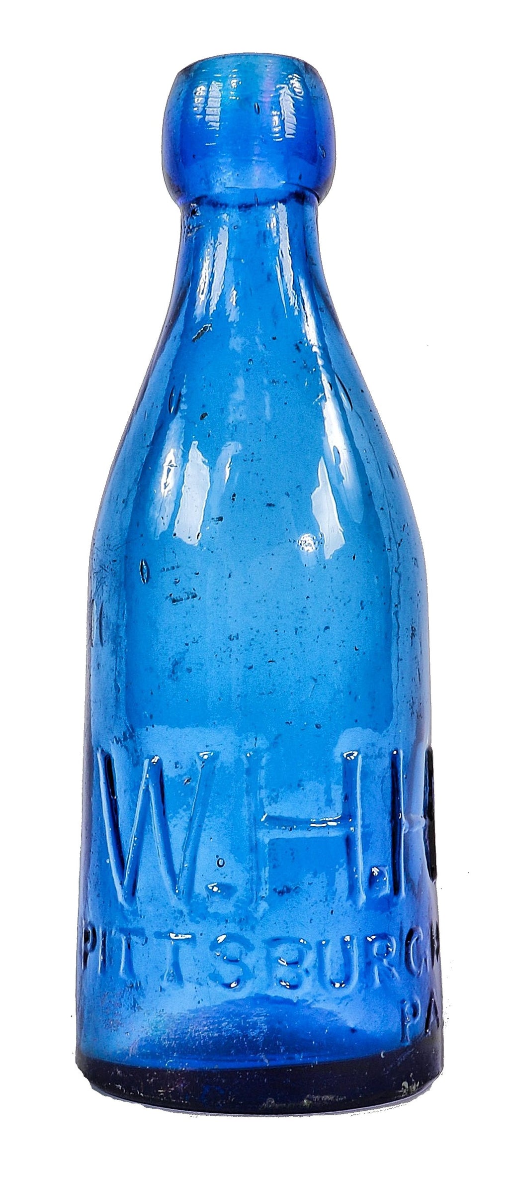exceptionally rare late 1850's original and intact cobalt blue blobtop soda bottle manufactured for chicago bottler william henry hutchinson in pittsburgh, pa.