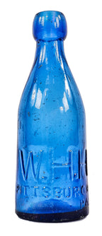 exceptionally rare late 1850's original and intact cobalt blue blobtop soda bottle manufactured for chicago bottler william henry hutchinson in pittsburgh, pa.