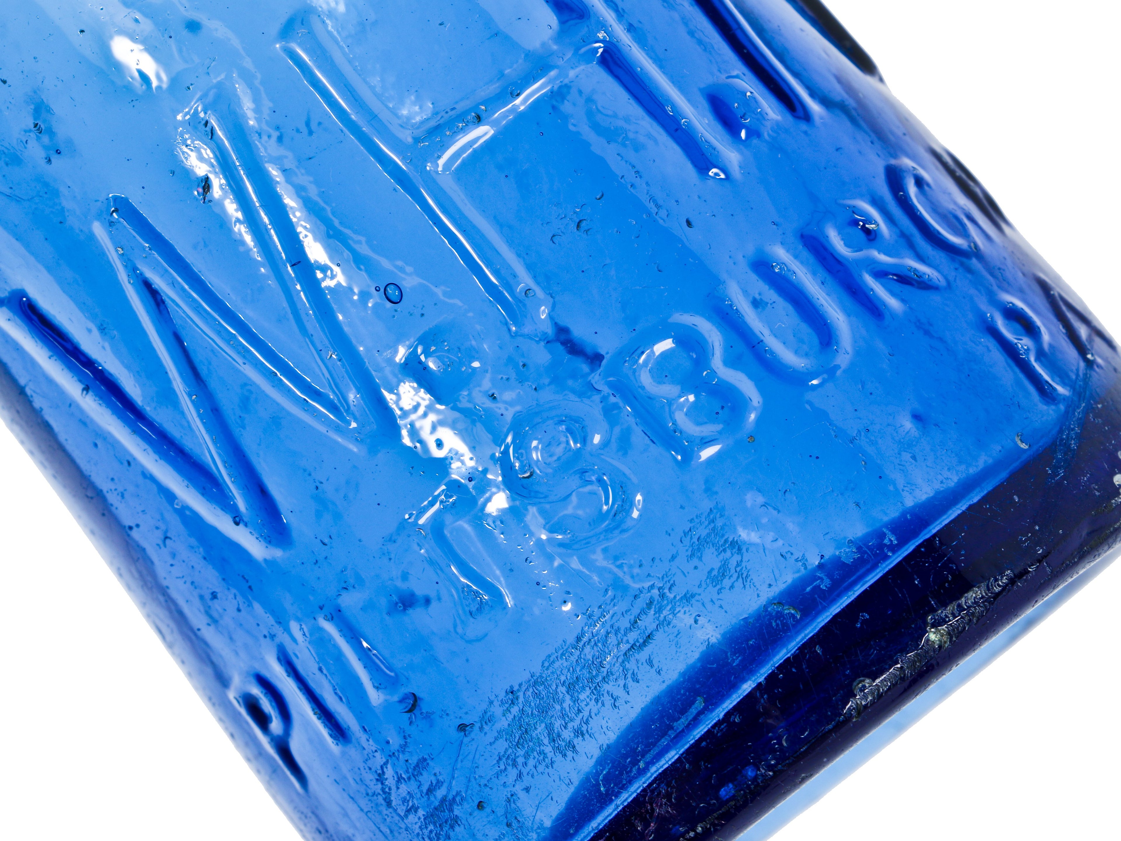 exceptionally rare late 1850's original and intact cobalt blue blobtop soda bottle manufactured for chicago bottler william henry hutchinson in pittsburgh, pa.
