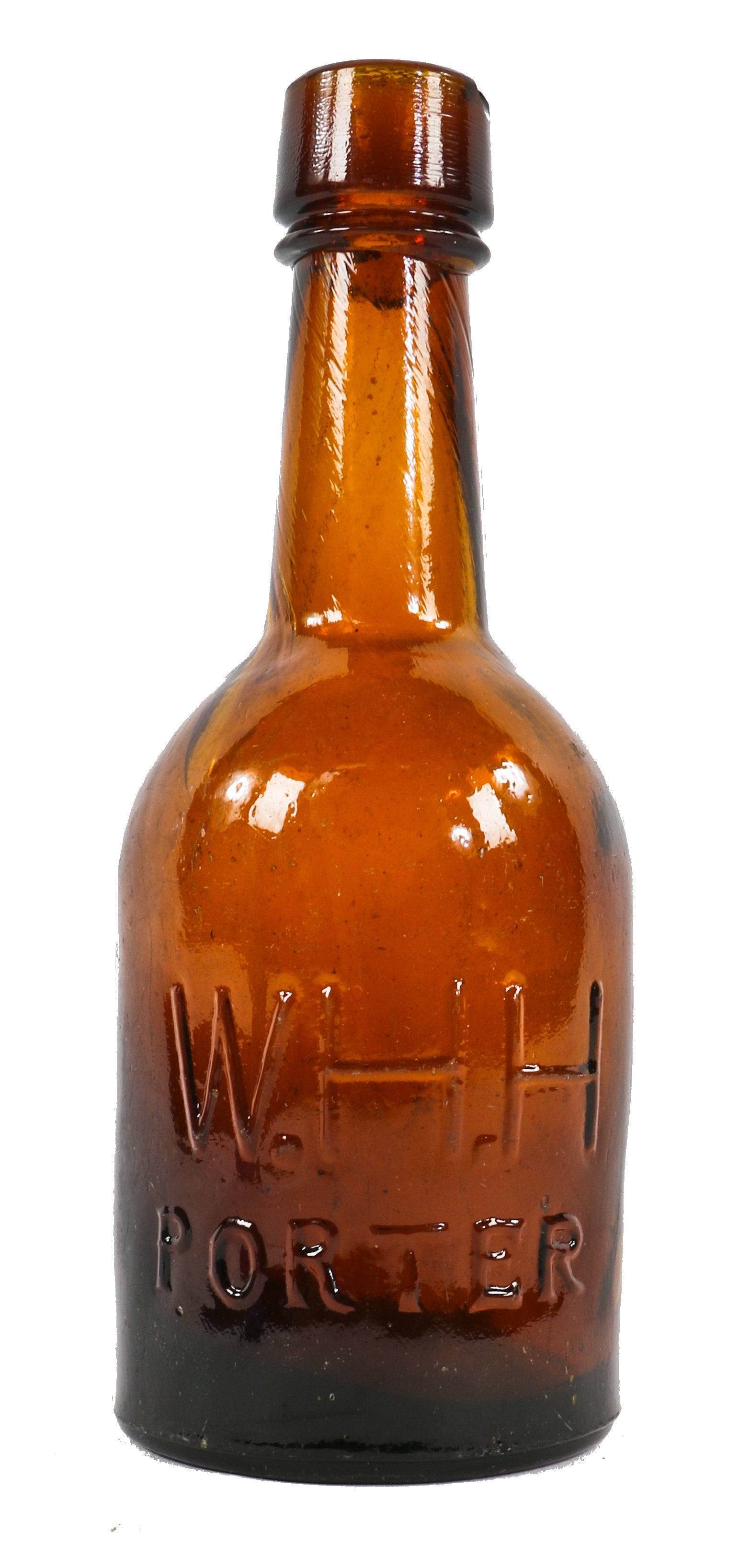 very rare c. 1860's antique american intact amber colored glass squat body  porter beer bottle with applied lip manufactured for chicago bottler 