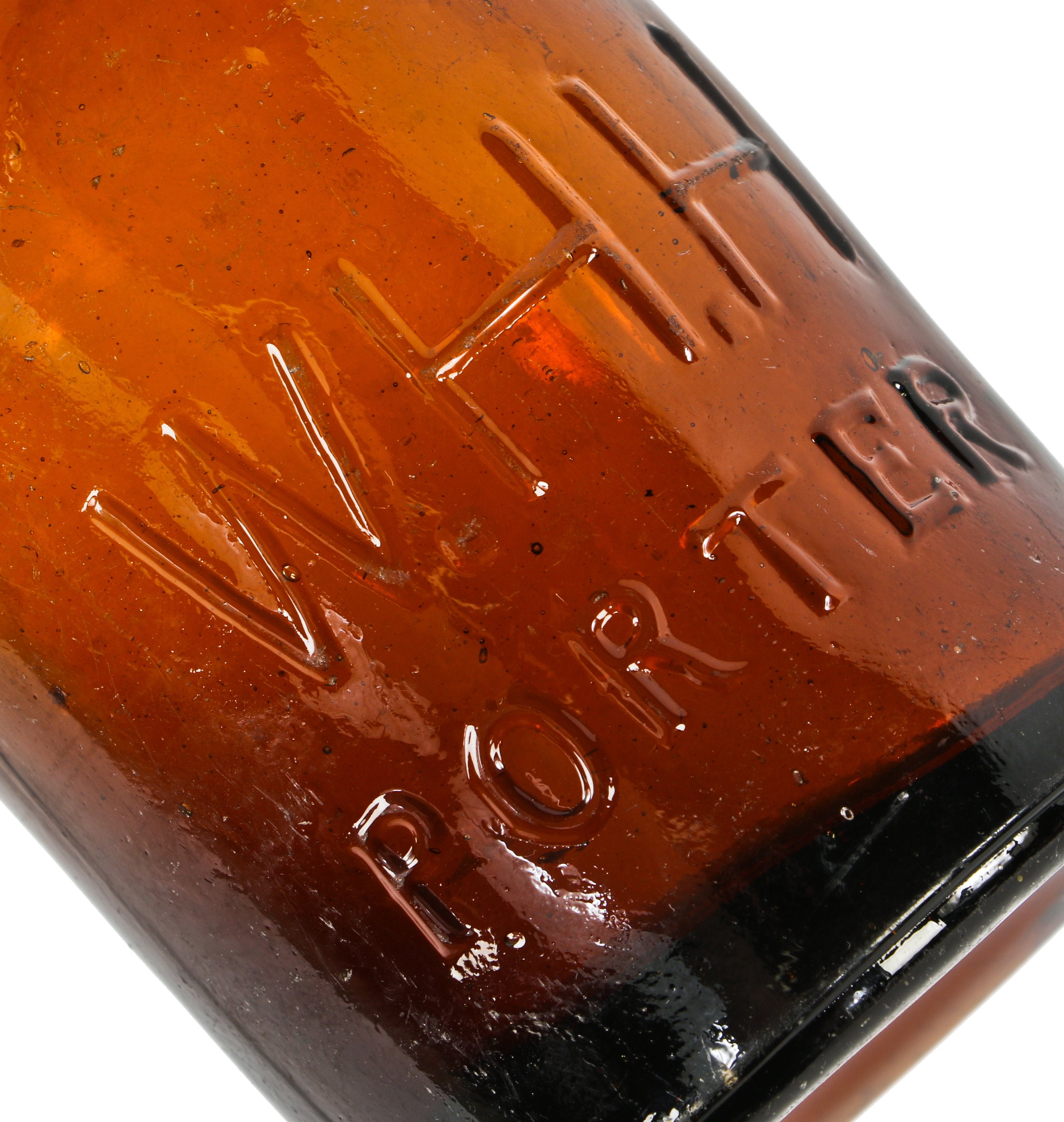 very rare c. 1860's antique american intact amber colored glass squat body porter beer bottle with applied lip manufactured for chicago bottler william henry hutchinson