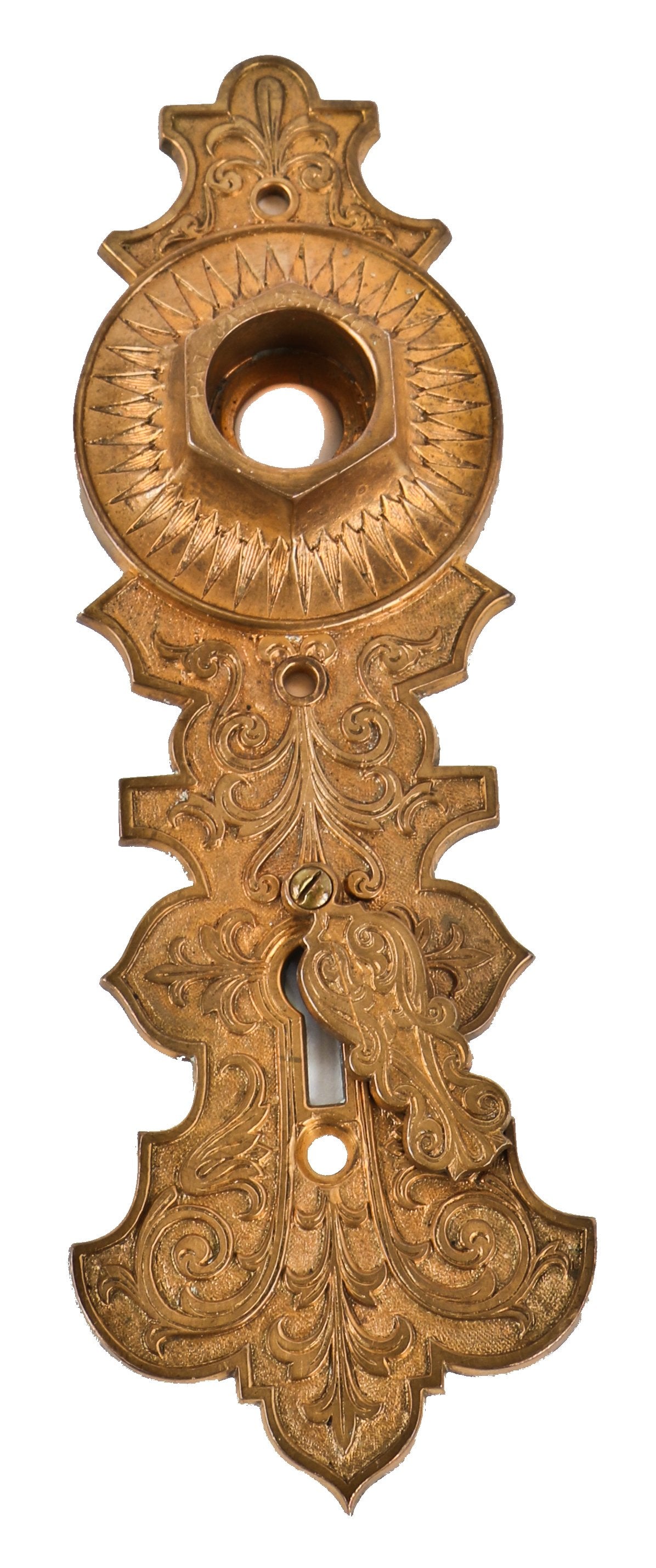 original early 1870's antique american metallic metal compression casting company antique american residential entrance door escutcheon with intact swinging keyhole cover