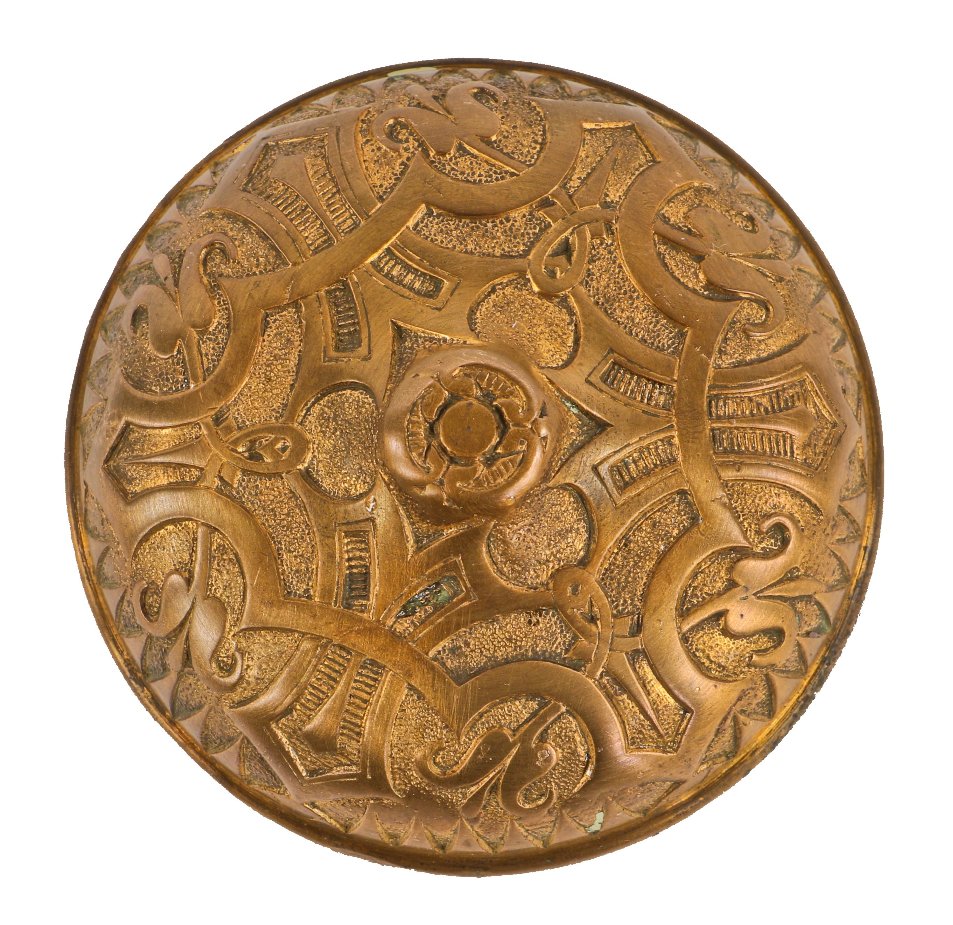 c. 1870's all original and nicely aged antique american banded rim ornamental cast bronze residential entrance door handle with picket fence border