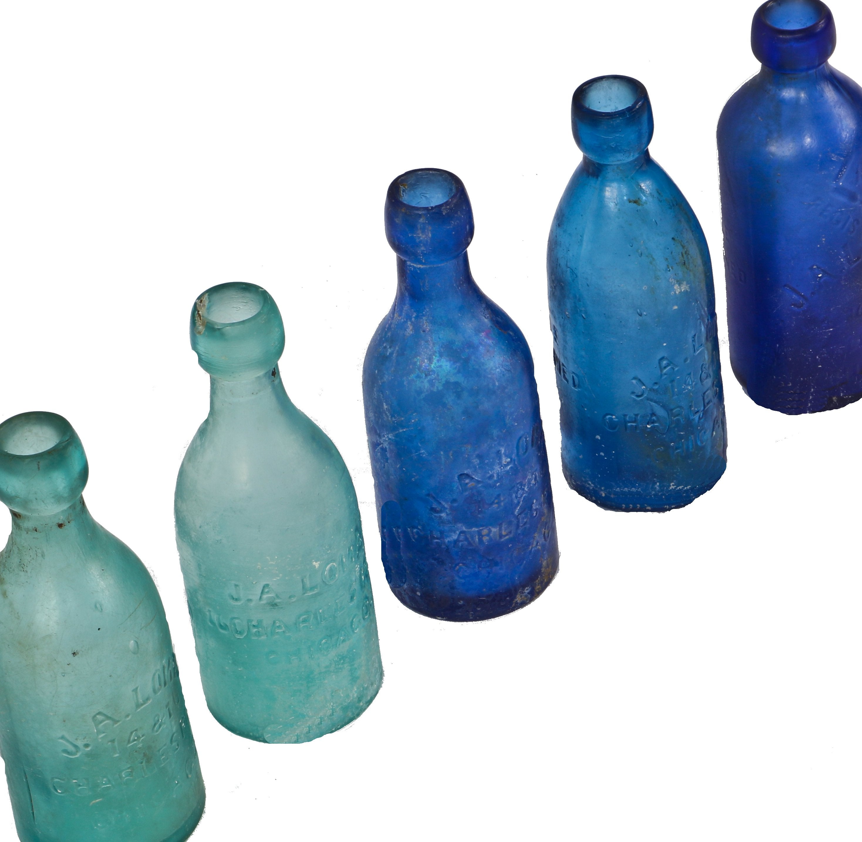 original and intact privy dug c. 1860's privy-dug cobalt blobtop soda bottle manufactured for chicago bottler j.a. lomax.